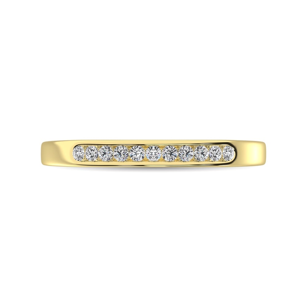 14K Yellow Gold 1/10 Ct Diamond Ladies Machine Band: 14K Yellow Gold 1/10 Ct Diamond Ladies Machine Band This amazing Wedding is available in 14K Yellow Gold. There are 11 round diamonds with a total carat weight of 1/10 Ct.Tw. set in a machine setting.