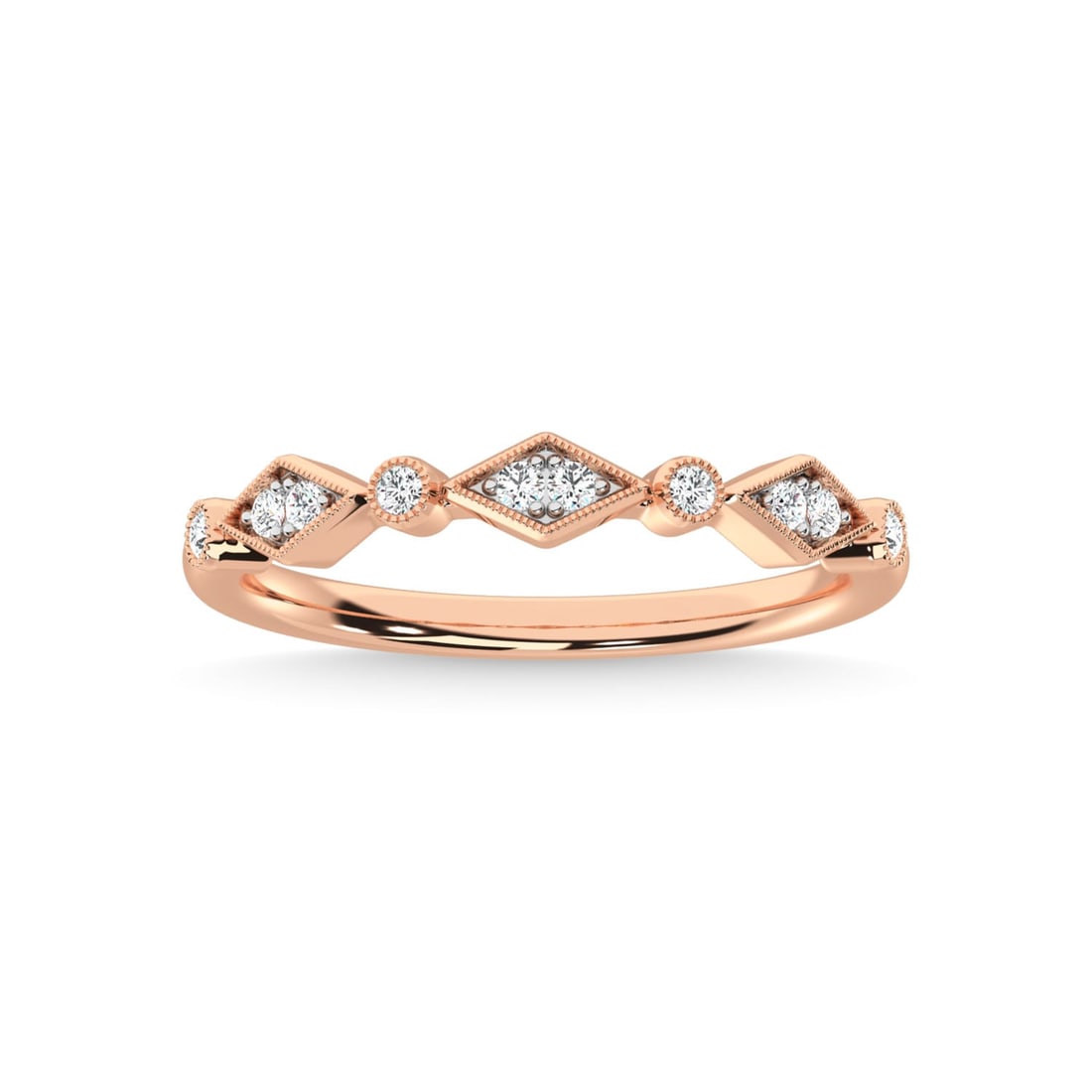 14K Rose Gold Diamond 1/8 Ct.Tw. Stackable Band: 14K Rose Gold Diamond 1/8 Ct.Tw. Stackable Band 14k Rose Gold Stone Color: G-h Stone Clarity: Si3 Each ring is presented in standard size 6.5. Complimentary resizing is available between sizes 510 (in