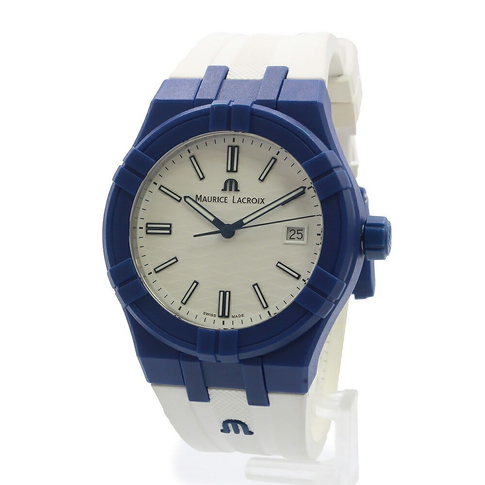 Maurice Lacroix Icon Tide Quartz White Dial Blue Case Wristwatch: Maurice Lacroix Icon Tide Quartz White Dial Blue Case Wristwatch This Maurice Lacroix Icon Tide wristwatch features a blue case, white dial, and white rubber strap. Designed for men, the watch is powe