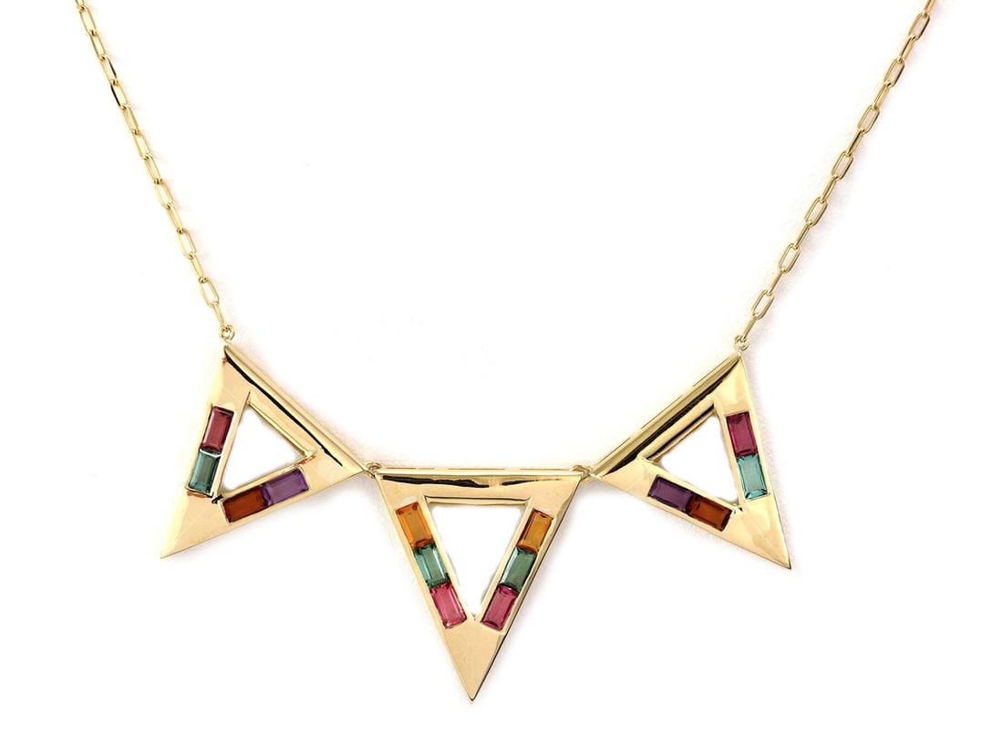 Vintage 18k Yellow Gold Triangle Pendant Necklace with Multicolor Gems: Vintage 18k Yellow Gold Triangle Pendant Necklace with Multicolor Gems This exquisite vintage pendant necklace features a stunning design made from 18k yellow gold. The pendant showcases an asymmetric