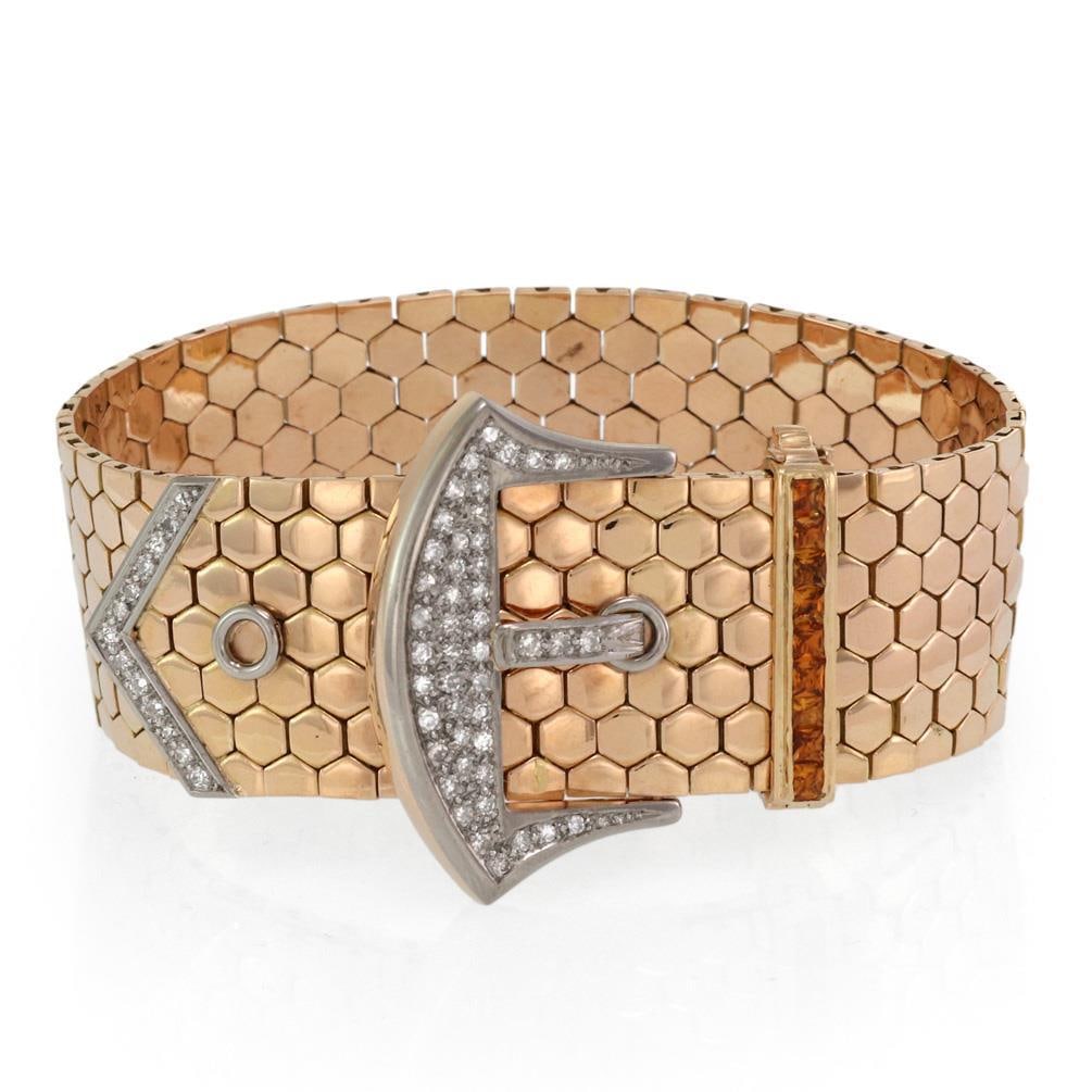 Retro 18k Rose Gold Diamond Citrine Belt Buckle Bracelet 96.3g: Retro 18k Rose Gold Diamond Citrine Belt Buckle Bracelet 96.3g This stunning Retro Era bracelet is a true statement piece, expertly crafted from 18k rose and white gold. It showcases a unique belt and