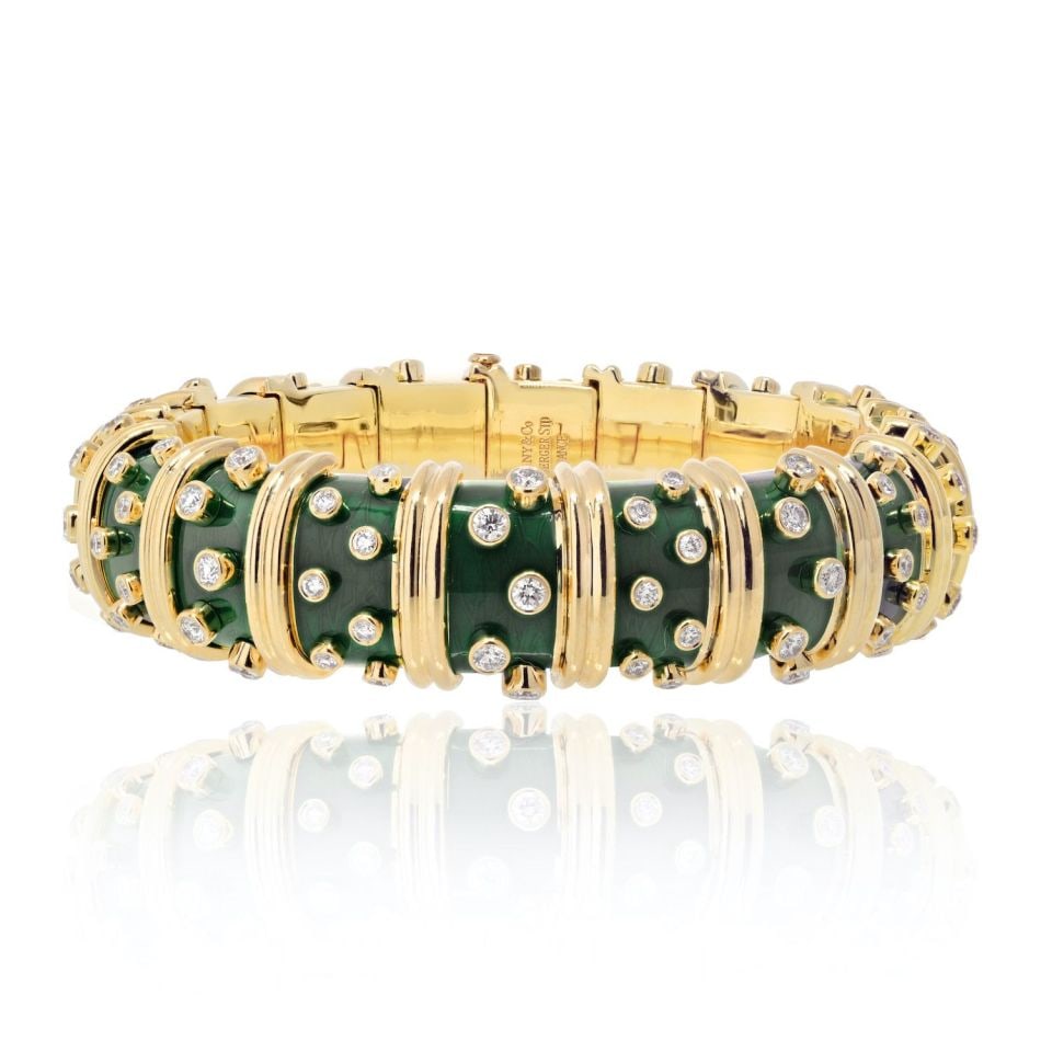Tiffany & Co. Schlumberger diamond bracelet in platinum 18K gold green enamel (1 of 5)
