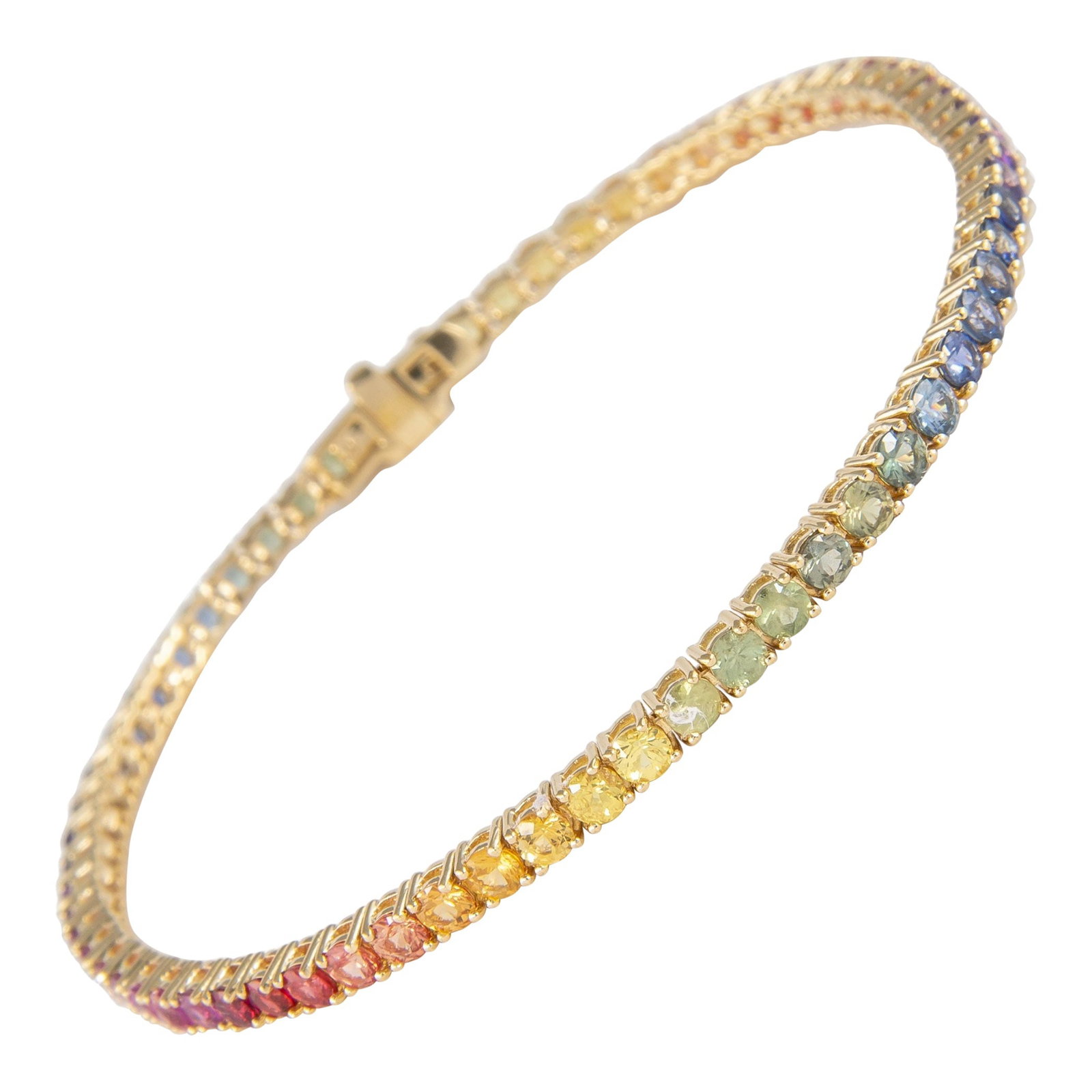 6.21ct Rainbow Sapphire Tennis Bracelet 18k Yellow Gold: 6.21ct Rainbow Sapphire Tennis Bracelet 18k Yellow Gold Adorn your wrist with this exquisite 6.21ct Rainbow Sapphire Tennis Bracelet crafted in 18k yellow gold. This stunning bracelet features 57 roun