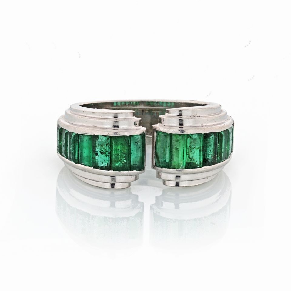 1940s Platinum Bohemian Gypsy Ring with Green Emeralds: 1940s Platinum Bohemian Gypsy Ring with Green Emeralds This exquisite 1940's gypsy ring is a stunning piece of estate jewelry, crafted from high-quality platinum. The ring features a unique bohemian s