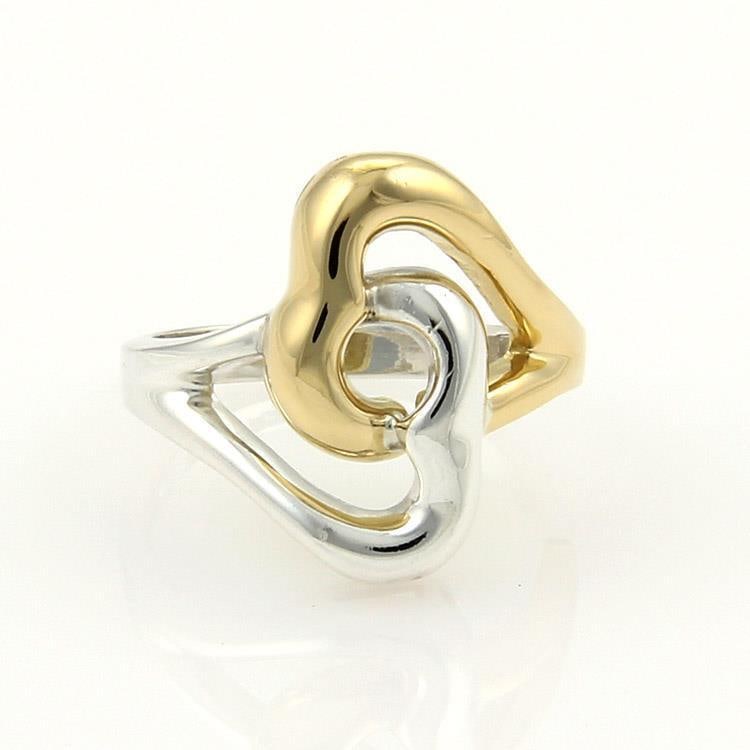 Tiffany & Co. Double Hearts Ring 18k Gold Sterling Silver Authentic: Tiffany & Co. Double Hearts Ring 18k Gold Sterling Silver Authentic This exquisite ring from Tiffany & Co. is a stunning combination of 18k yellow gold and sterling silver, showcasing a high polished 