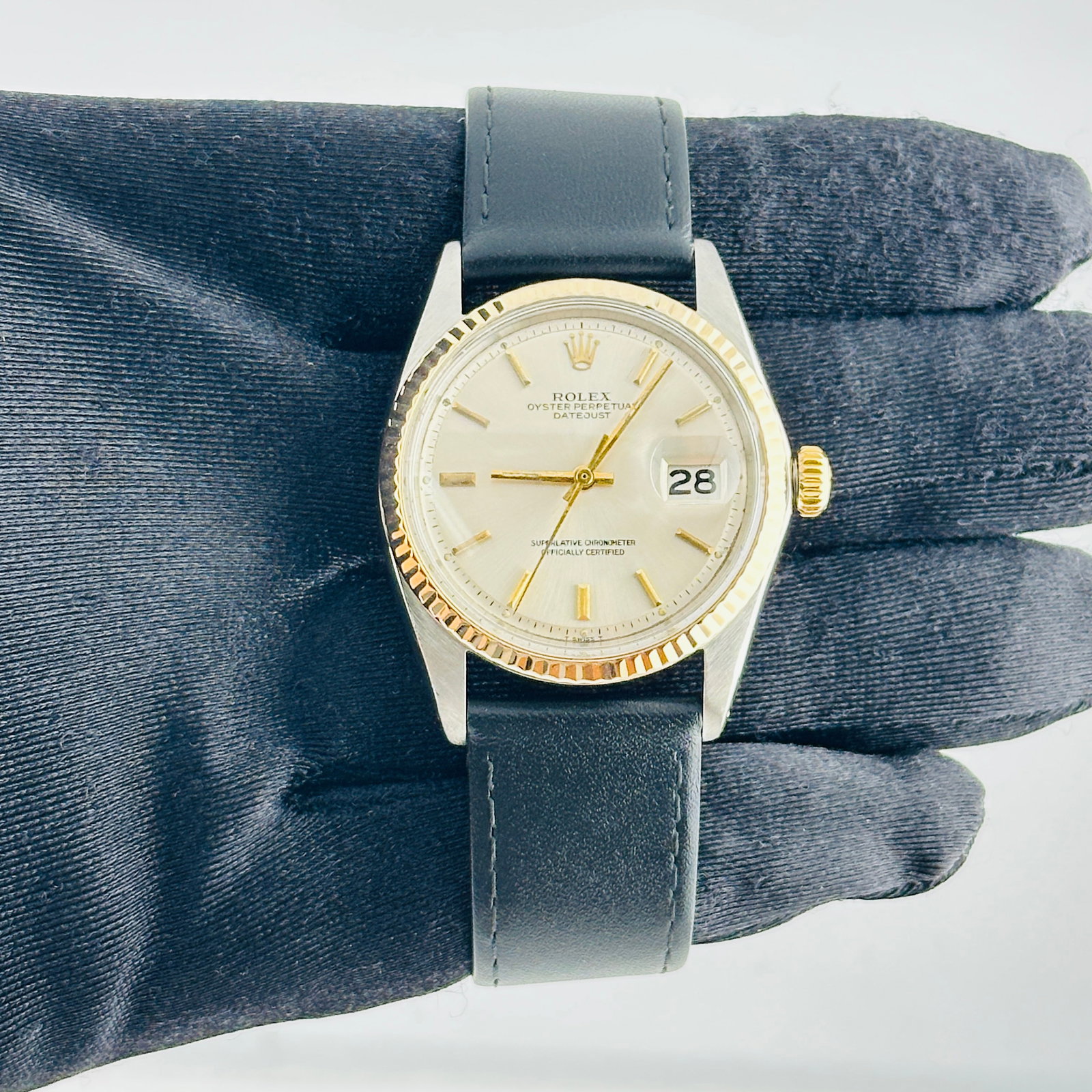 Rolex Datejust Ref 1601 Mens Watch Silver Gold Stick Dial Leather Band: Rolex Datejust Ref 1601 Mens Watch Silver Gold Stick Dial Leather Band Rolex Datejust reference 1601 with a silver and gold stick dial, fluted bezel, and generic leather band. This men's watch is iden