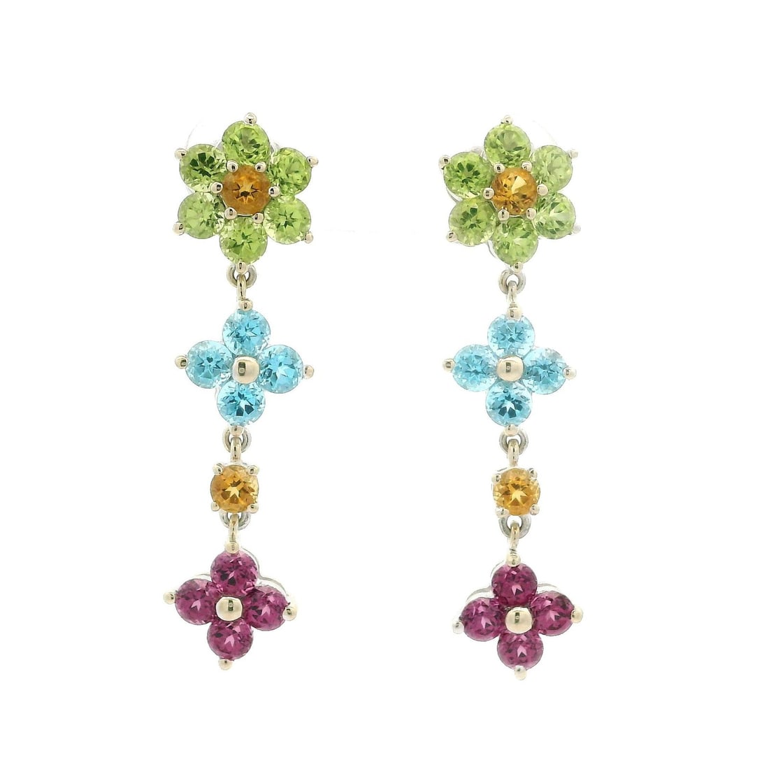 Estate White Gold Dangle Earrings with Natural Color Stones: Estate White Gold Dangle Earrings with Natural Color Stones These exquisite dangle earrings feature a stunning flower cluster design crafted from solid 17k to 18k white gold. Each earring showcases a 