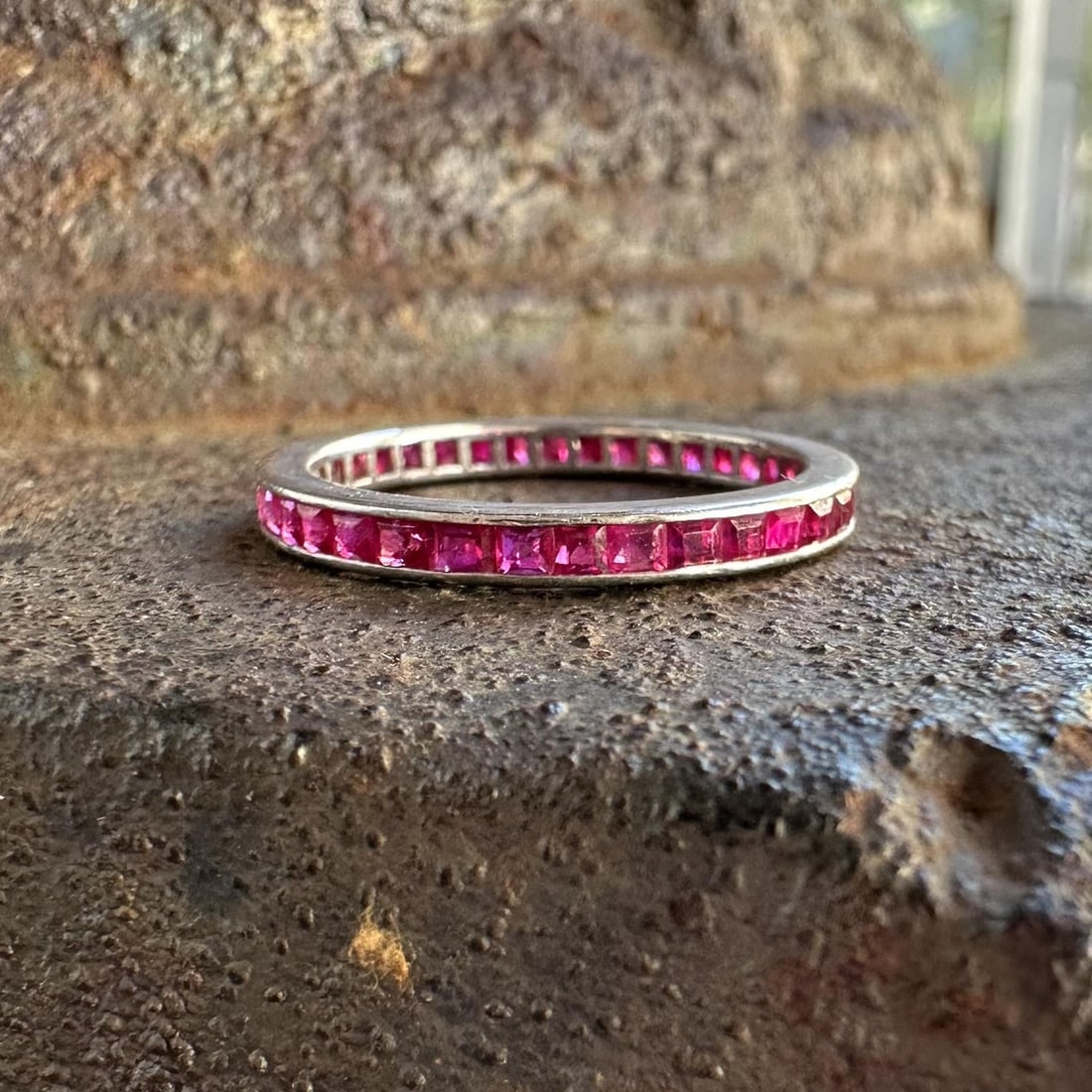 Art Deco Platinum Ruby Eternity Band GIA Burma No Heat Ring Size 7: Art Deco Platinum Ruby Eternity Band GIA Burma No Heat Ring Size 7 This antique Art Deco eternity band features a continuous row of natural, square step-cut rubies set in solid platinum. The rubies, s