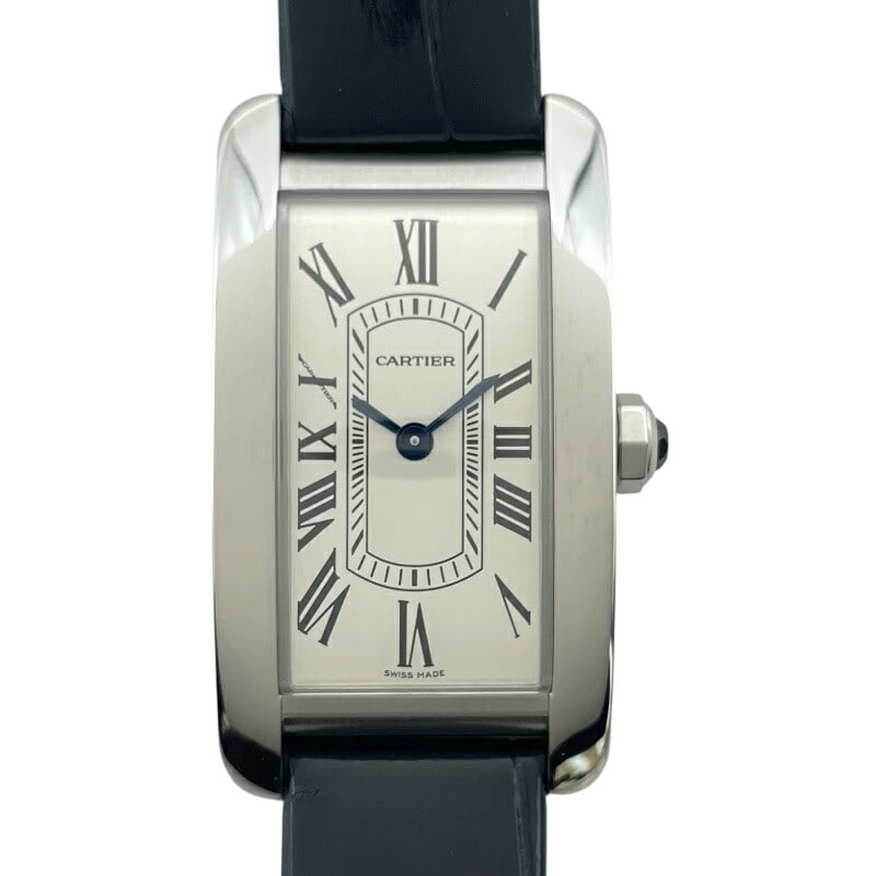 Cartier Tank Americaine Ladies Silver Steel Wristwatch: Cartier Tank Americaine Ladies Silver Steel Wristwatch This is a Cartier Tank Americaine SM WSTA0082 wristwatch designed for women. The watch features a silver-tone dial and a stainless steel case and