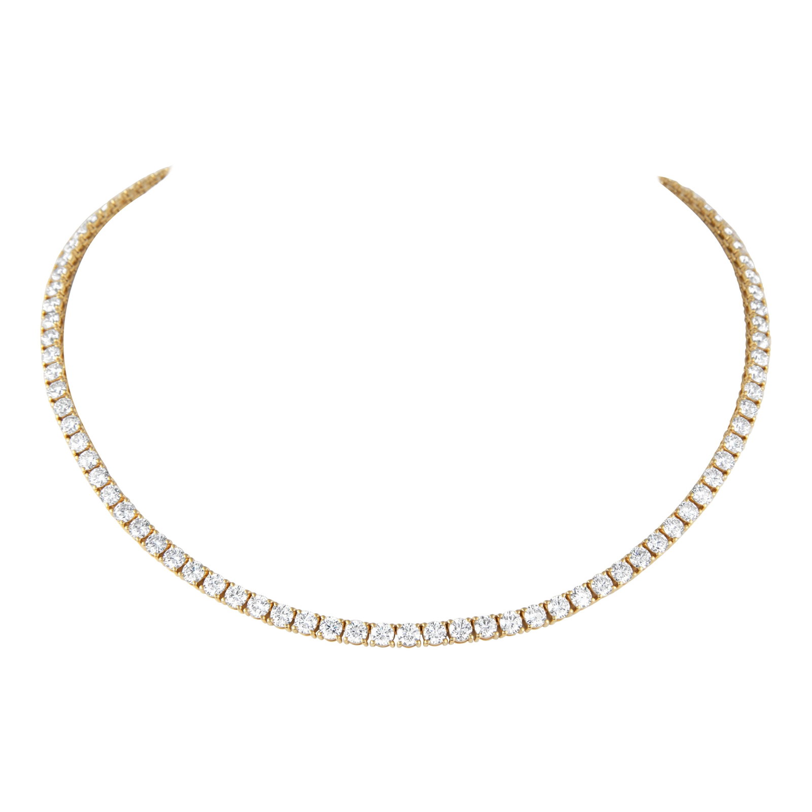19.12ct Diamond Tennis Necklace 18k Yellow Gold: 19.12ct Diamond Tennis Necklace 18k Yellow Gold This stunning diamond tennis necklace features a total weight of 19.12 carats, showcasing 99 round brilliant diamonds in a classic and elegant design. C