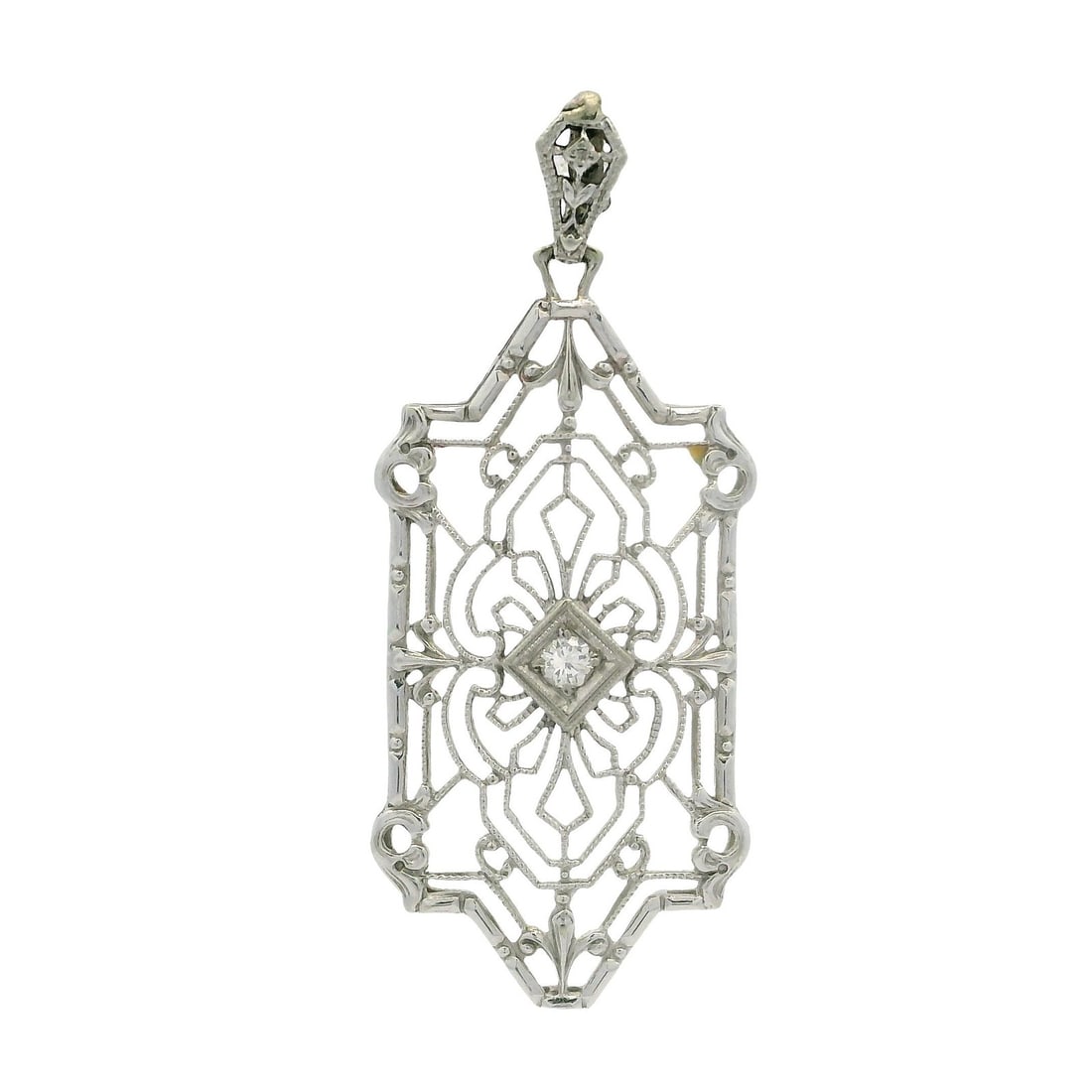 Vintage 14k White Gold Diamond Filigree Dangle Pendant 0.03ct: Vintage 14k White Gold Diamond Filigree Dangle Pendant 0.03ct This stunning vintage pendant showcases a unique shape with intricate open filigree work, crafted from solid 14k white gold. The centerpie