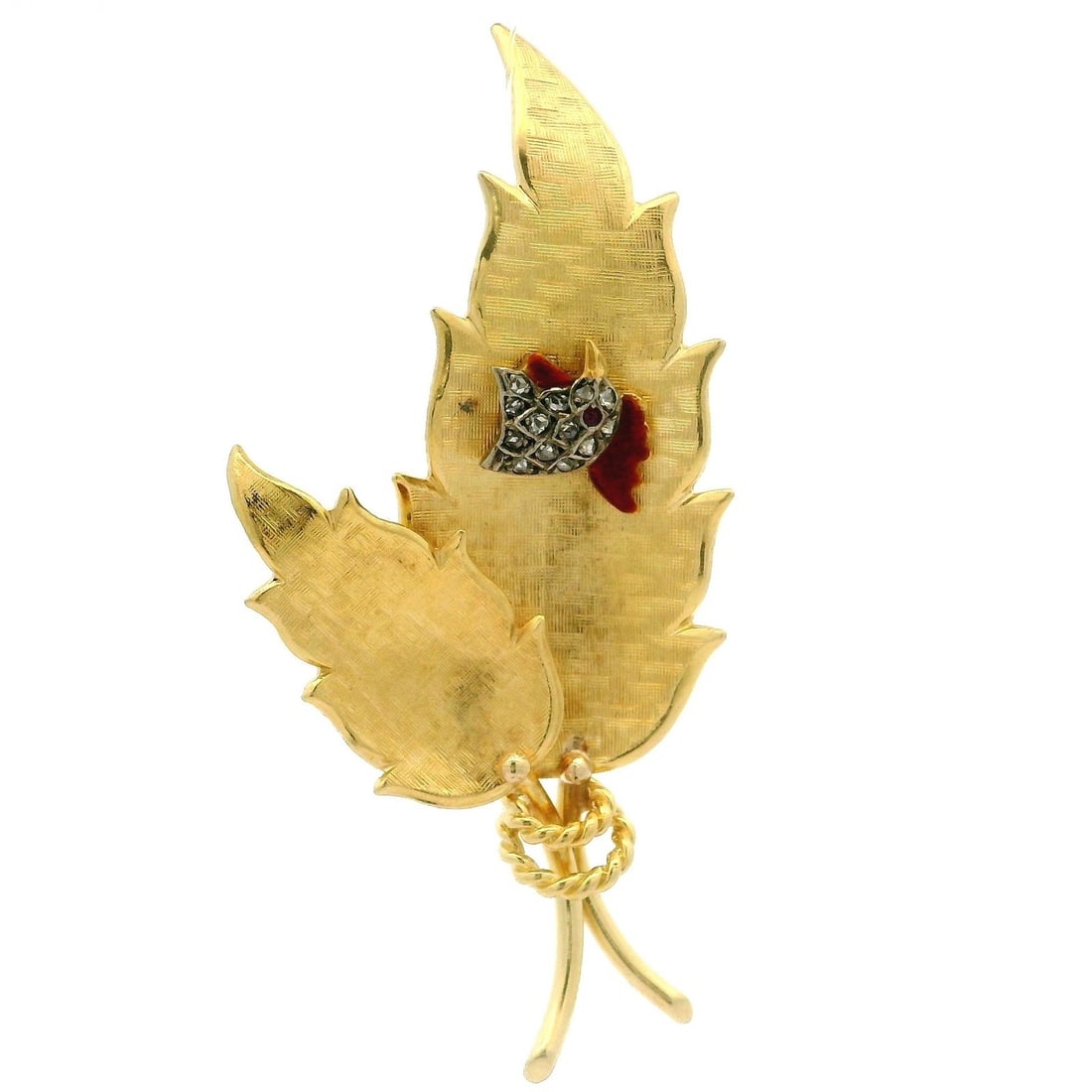 Textured Yellow Gold Rooster Brooch with Ruby and Diamond Accents: Textured Yellow Gold Rooster Brooch with Ruby and Diamond Accents This exquisite brooch features a stunning rooster head design, beautifully crafted from solid 18k yellow gold with a 13-14k yellow gol