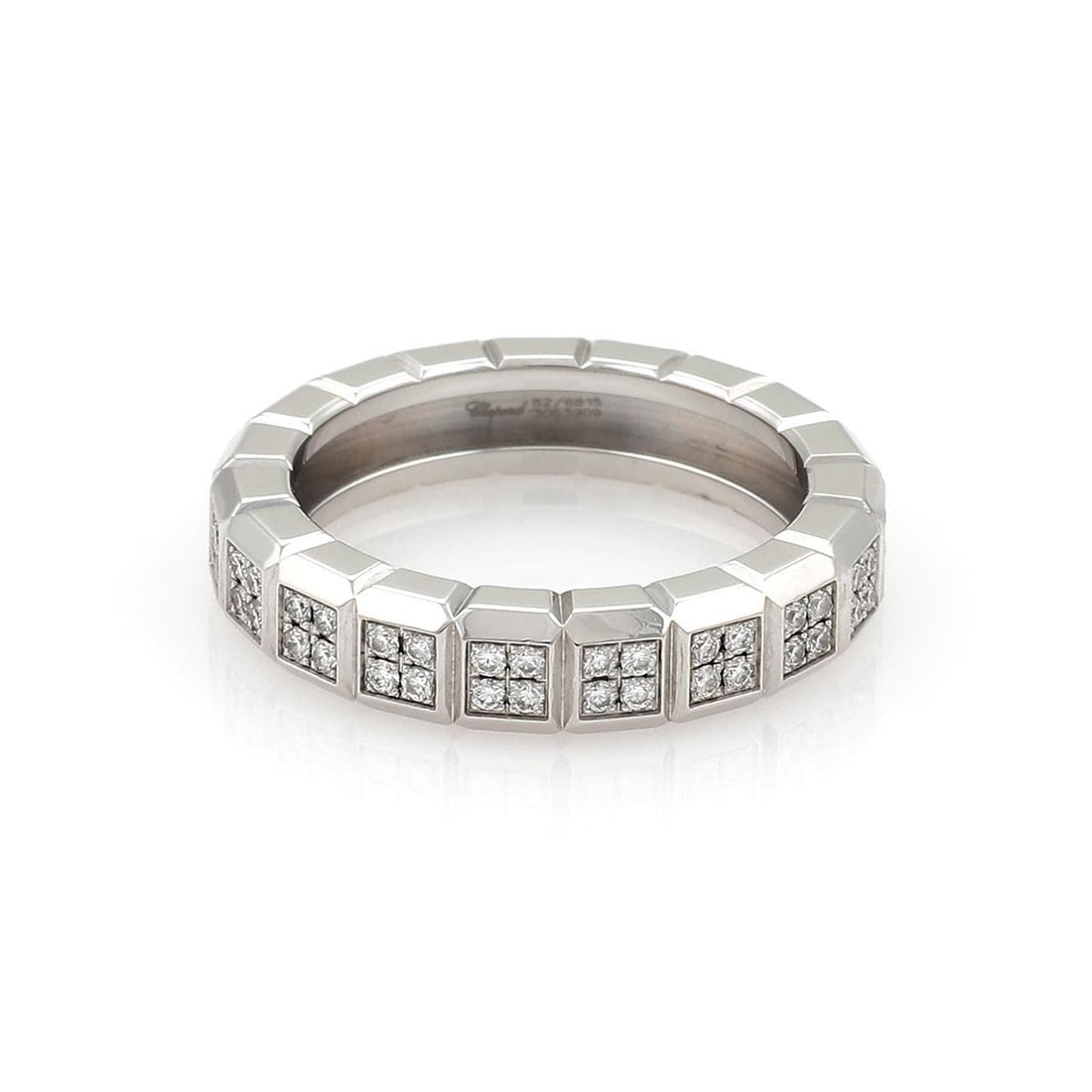 Chopard 18k White Gold Diamond Cube Design Band Ring 0.40ct Signed: Chopard 18k White Gold Diamond Cube Design Band Ring 0.40ct Signed This exquisite band ring by Chopard is crafted from premium 18k white gold with a high polished finish. The ring features a stylish c