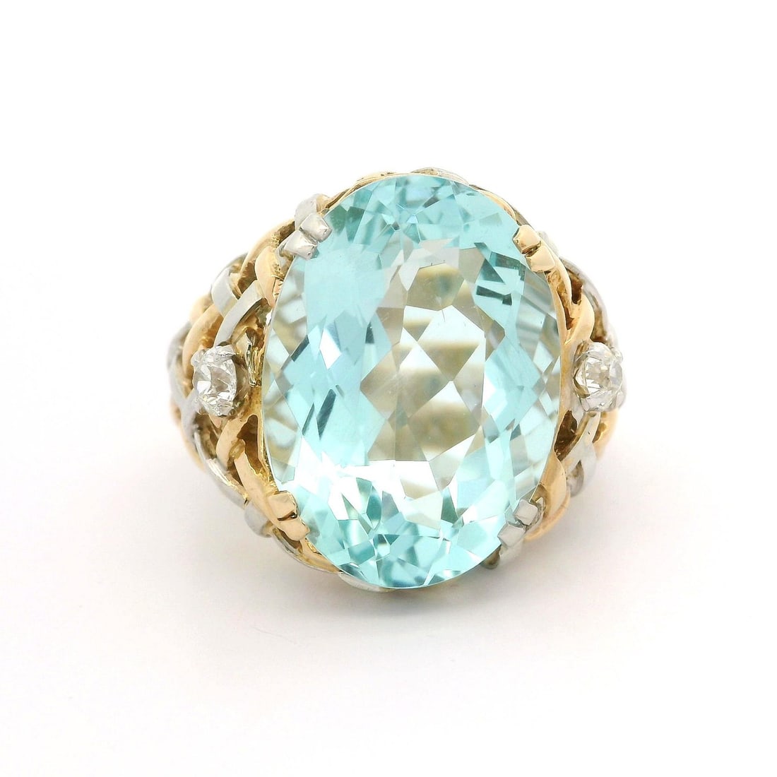 Vintage 14k Gold Platinum GIA 19.47ct Aquamarine Diamond Cocktail Ring: Vintage 14k Gold Platinum GIA 19.47ct Aquamarine Diamond Cocktail Ring This exquisite vintage cocktail ring showcases a stunning 19.47ct oval aquamarine, beautifully complemented by old European cut d