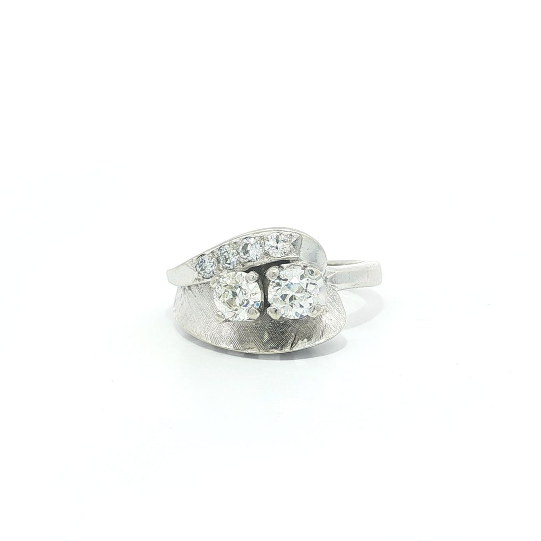 Mid Century Florentine White Gold Ring with 0.62ctw Old European Diamonds: Mid Century Florentine White Gold Ring with 0.62ctw Old European Diamonds This vintage mid-century ring features six natural old European cut diamonds with a total carat weight of approximately 0.62, 
