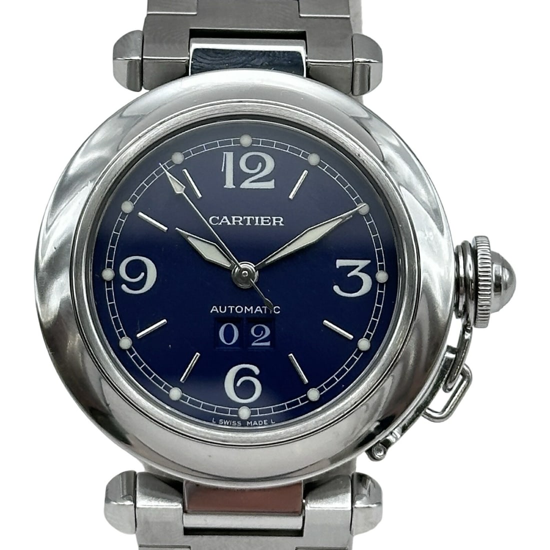 Cartier Pasha C Big Date Stainless Steel Automatic Blue Dial Watch: Cartier Pasha C Big Date Stainless Steel Automatic Blue Dial Watch This Cartier Pasha C Big Date wristwatch features a striking blue dial and is crafted from stainless steel. Designed for unisex wear,