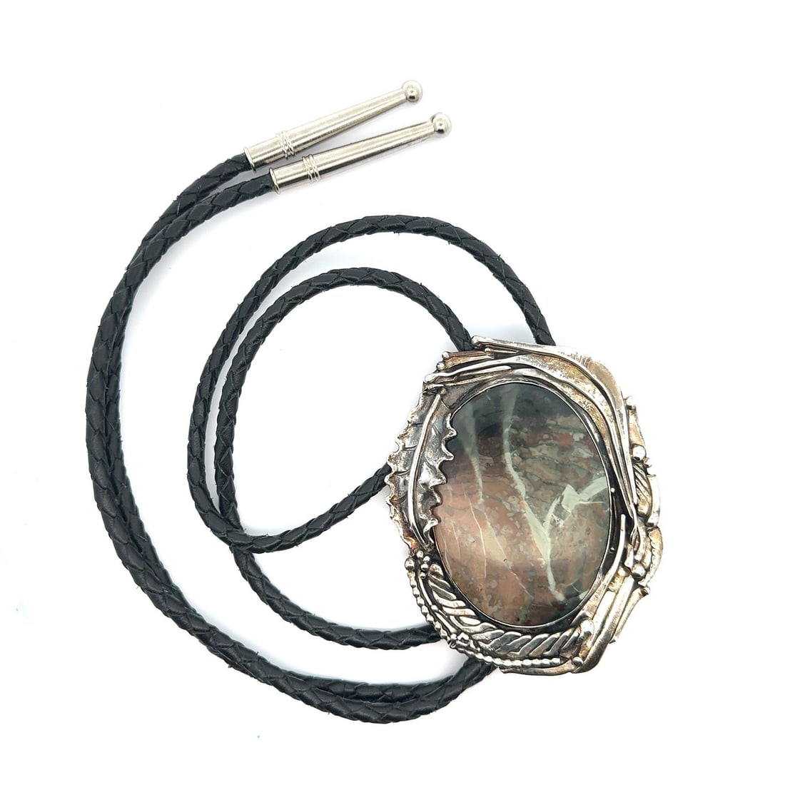 Sterling Silver Morrisonite Jasper Cabochon Bolo Tie with Braided Leather Cord (1 of 4)