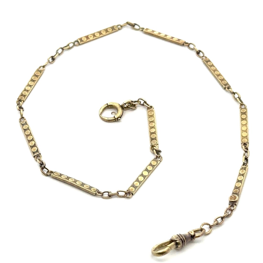Art Nouveau Era 13k-14k Yellow Gold Dot Bar Pocket Watch Chain 12.5 Inch: Art Nouveau Era 13k-14k Yellow Gold Dot Bar Pocket Watch Chain 12.5 Inch This antique Art Nouveau pocket watch chain features a dot detail bar link design crafted from solid 13k-14k yellow gold. Measu