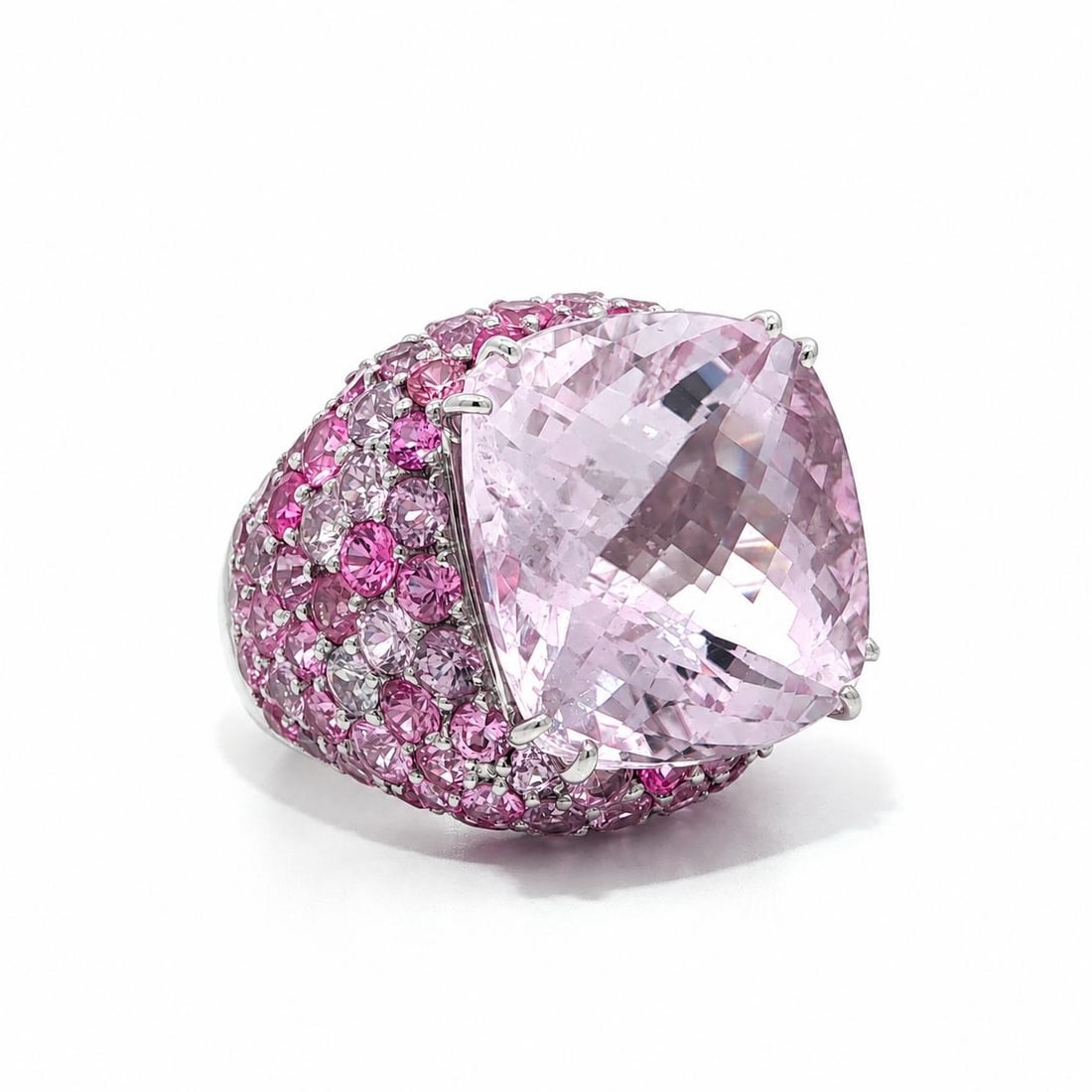 18k White Gold Kunzite Cocktail Ring 6.5 Cushion Cut Pink Stones: 18k White Gold Kunzite Cocktail Ring 6.5 Cushion Cut Pink Stones This striking statement ring features a large checkerboard cushion-cut natural kunzite in a powder pink hue, dual prong set as the cent
