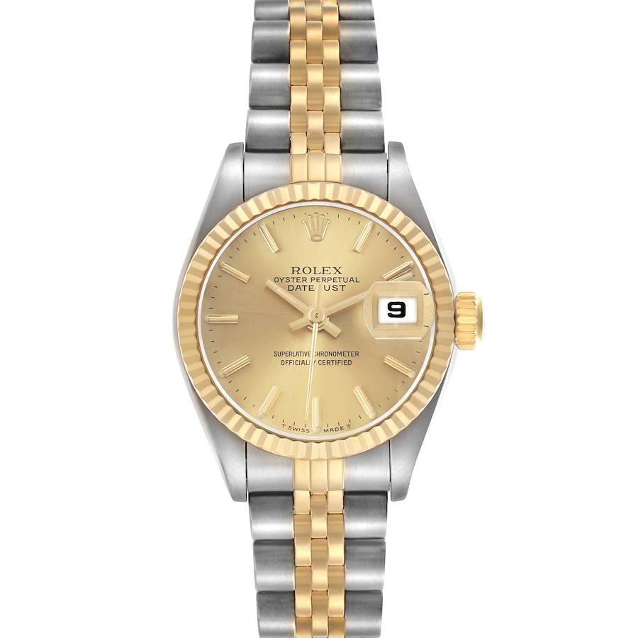 Rolex Lady Datejust 69173 Champagne Dial Jubilee Bracelet: Rolex Lady Datejust 69173 Champagne Dial Jubilee Bracelet This Rolex Datejust Lady watch features a champagne stick dial, complemented by a fluted bezel and a D-Link Jubilee bracelet. Designed for lad