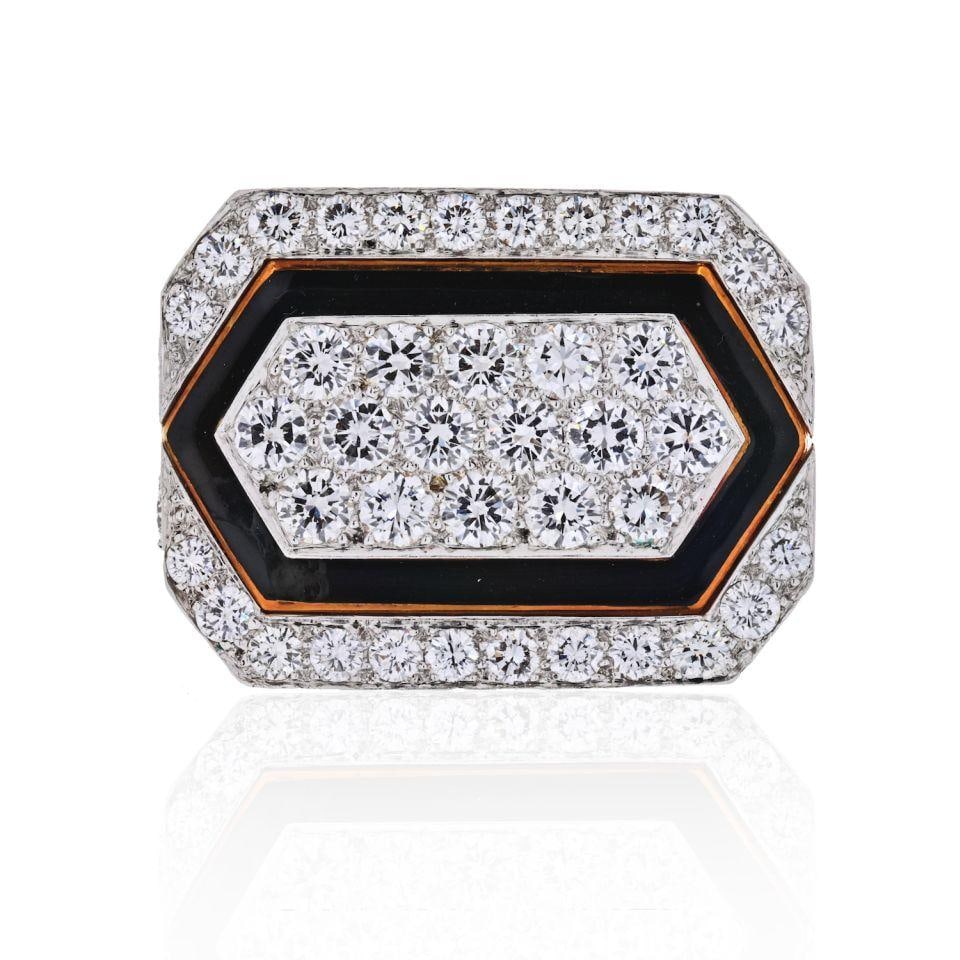 David Webb Estate Ring Platinum 18K Yellow Gold Black Enamel Diamonds: David Webb Estate Ring Platinum 18K Yellow Gold Black Enamel Diamonds This stunning estate ring by David Webb showcases a beautiful combination of platinum and 18K yellow gold, adorned with luxurious 