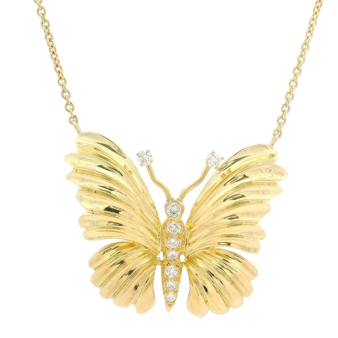 Henry Dankner 18k Gold 0.18ct Diamond Butterfly Pendant Necklace: Henry Dankner 18k Gold 0.18ct Diamond Butterfly Pendant Necklace This exquisite large butterfly pendant necklace showcases a stunning design crafted from 18k yellow gold. Adorned with (9) natural genu