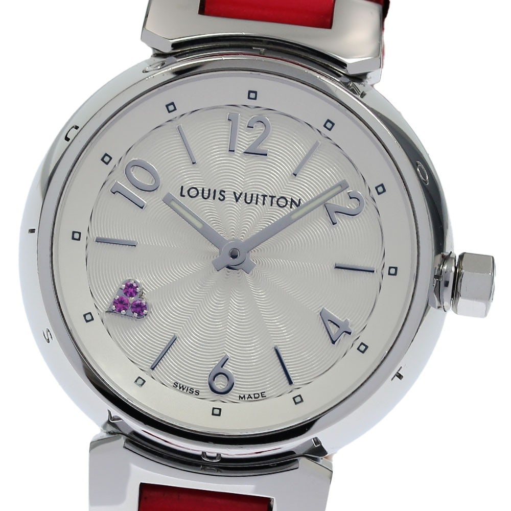 Louis Vuitton Tambour Quartz Women's Wristwatch Q1218: Louis Vuitton Tambour Quartz Women's Wristwatch Q1218 This Louis Vuitton Tambour Heart Q1218 women's wristwatch features a stainless steel case paired with a silver dial and a leather strap. The watch