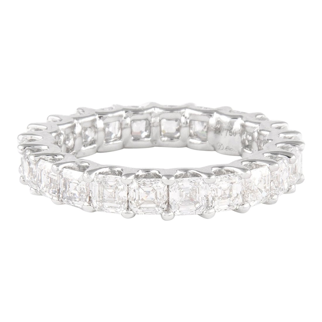 3.39ct Asscher Cut Diamond Eternity Band 18k White Gold: 3.39ct Asscher Cut Diamond Eternity Band 18k White Gold This stunning Asscher cut diamond eternity band features 22 sparkling diamonds totaling 3.39 carats, showcasing D/E color and VVS clarity. Craft