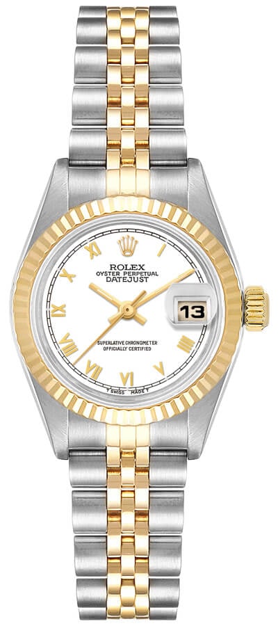 Ladies Rolex Datejust 69173 White Roman Dial Jubilee Papers: Ladies Rolex Datejust 69173 White Roman Dial Jubilee Papers This ladies' Rolex Datejust features a white Roman numeral dial, a fluted bezel, and a D-Link Jubilee bracelet. The watch is reference numbe