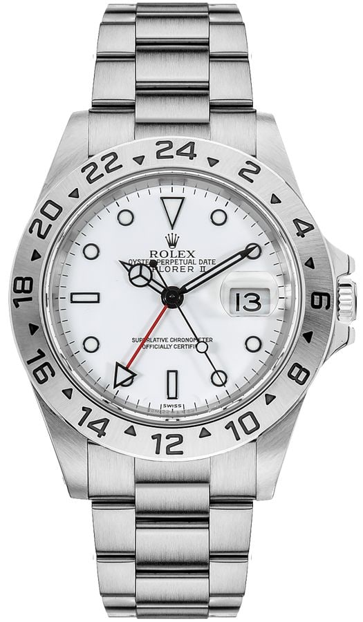 Rolex Explorer II 16570 White Dial Oyster Bracelet Papers: Rolex Explorer II 16570 White Dial Oyster Bracelet Papers This Rolex Explorer II features a white dial and is paired with an Oyster bracelet. The watch is identified by reference number 16570 and has 