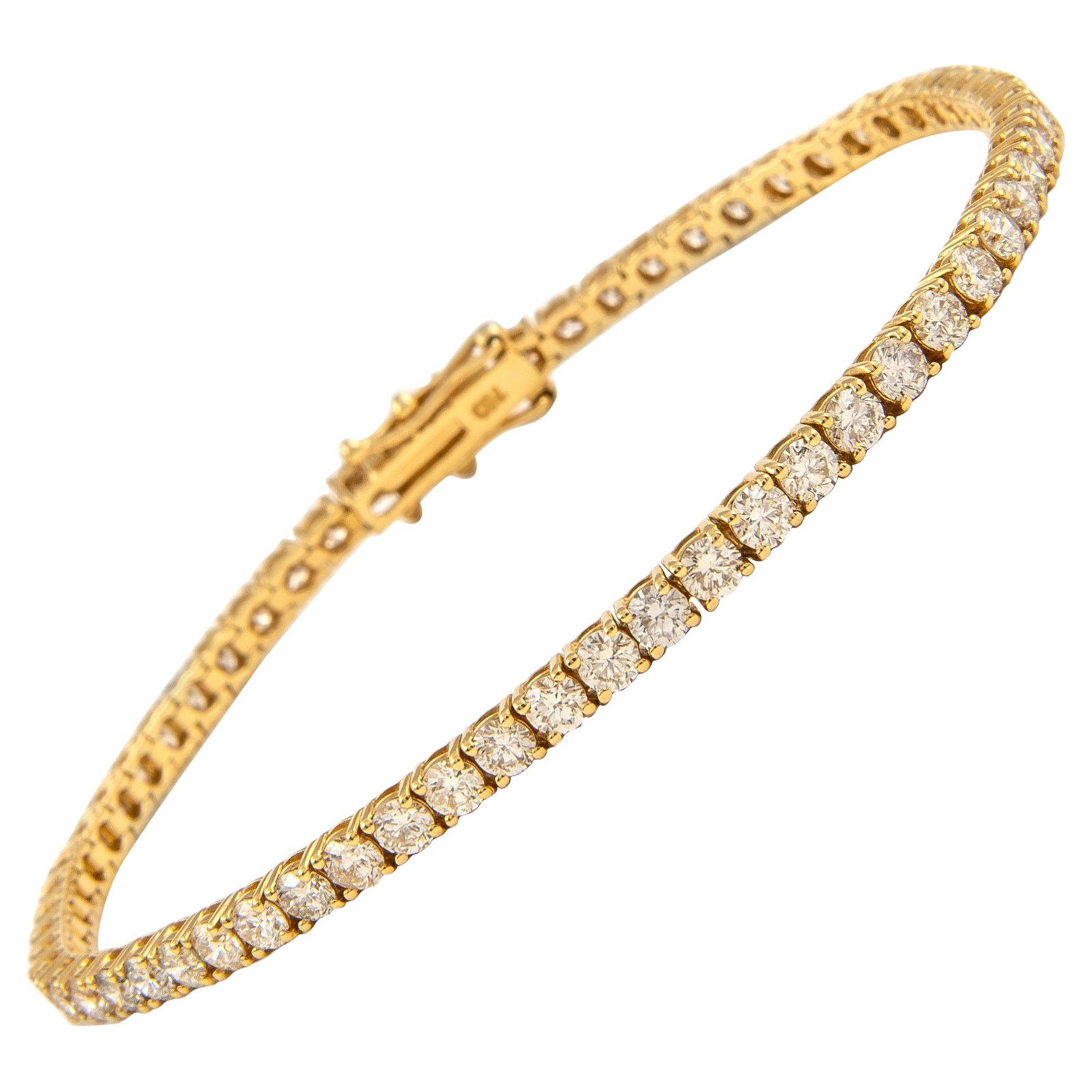 4.68ct Diamond Tennis Bracelet in 14k Yellow Gold: 4.68ct Diamond Tennis Bracelet in 14k Yellow Gold This stunning diamond tennis bracelet features a total weight of 4.68 carats, showcasing 62 exquisite round brilliant diamonds set in luxurious 14k ye
