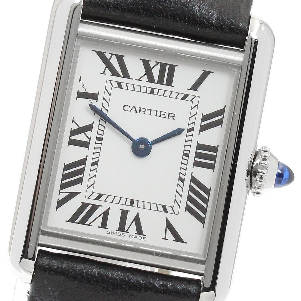 Cartier Women Quartz Tank Must SM Leather Strap Watch: Cartier Women Quartz Tank Must SM Leather Strap Watch This Cartier Tank Must SM Quartz wristwatch features a silver dial, stainless steel case, and a leather strap. Designed for women, this elegant ti