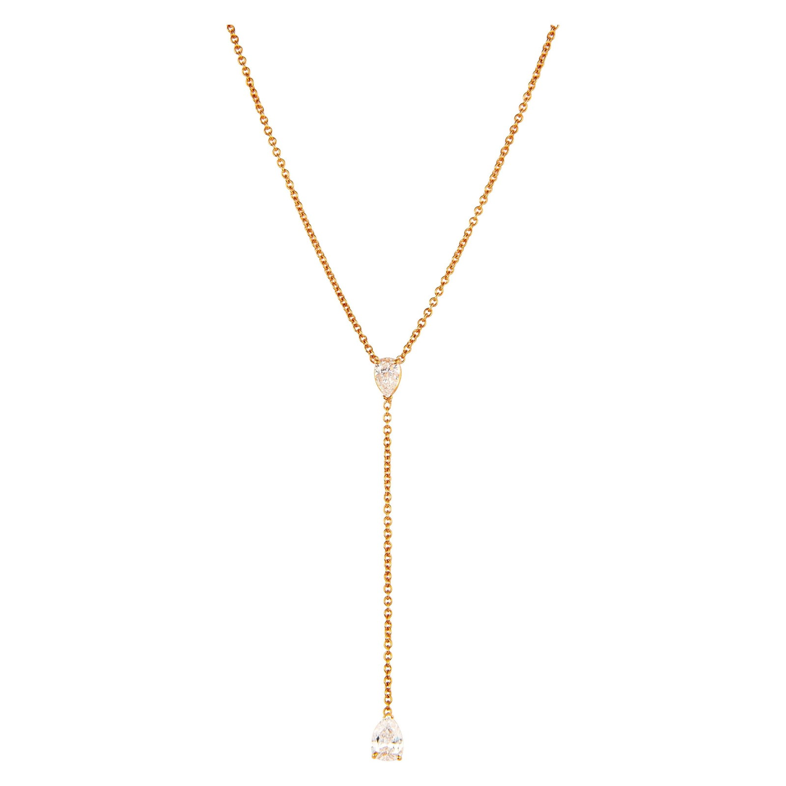 1.16ct Pear Cut Diamond Necklace 18k Rose Gold Modern: 1.16ct Pear Cut Diamond Necklace 18k Rose Gold Modern This stunning drop necklace features two exquisite pear cut diamonds totaling 1.16 carats, approximately graded I/J for color and SI for clarity. 