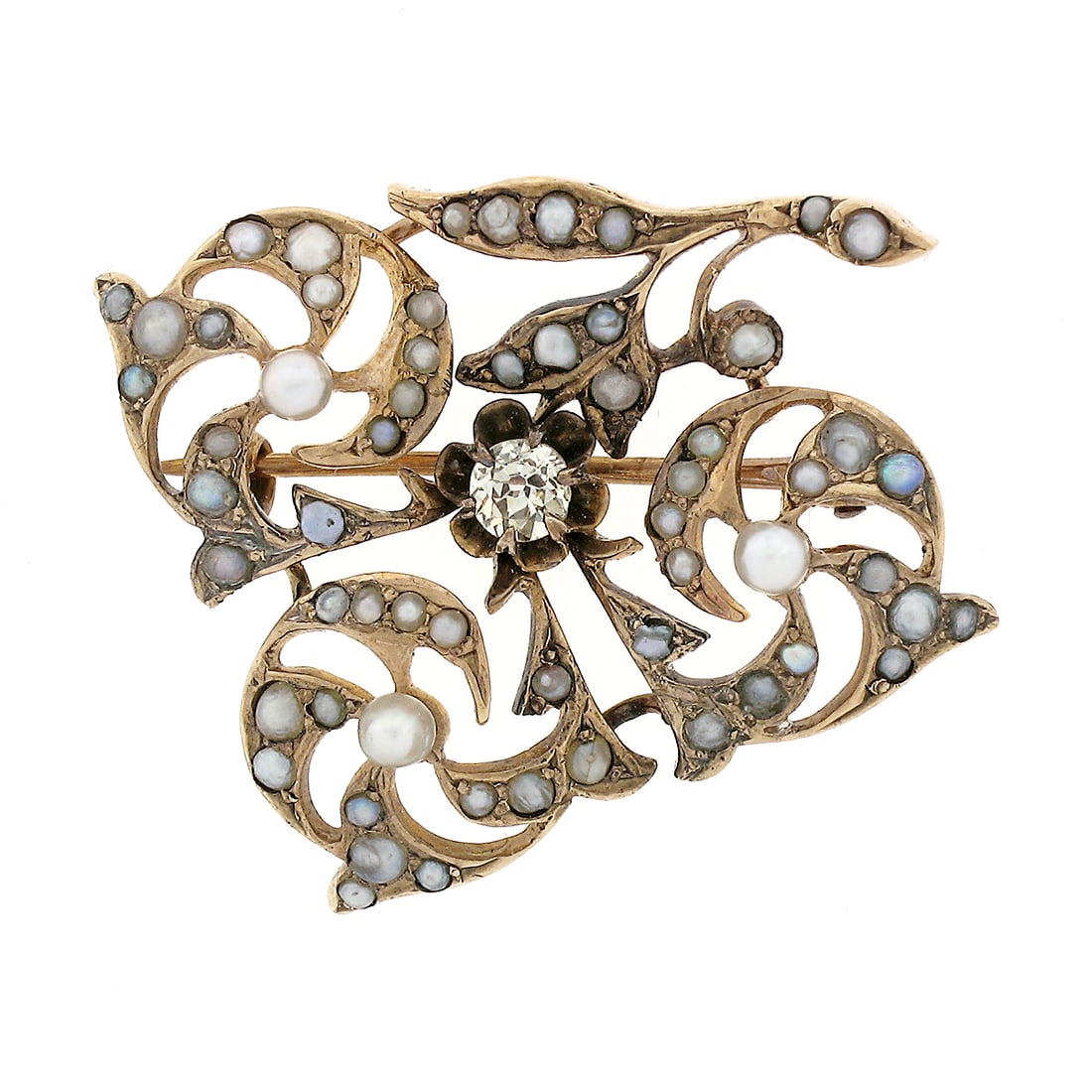 Victorian 14k Gold Diamond Seed Pearl Flower Brooch Pin: Victorian 14k Gold Diamond Seed Pearl Flower Brooch Pin This exquisite Antique Victorian brooch pin is crafted from solid 14k rosy yellow gold, showcasing a stunning open flower design. Adorned with n
