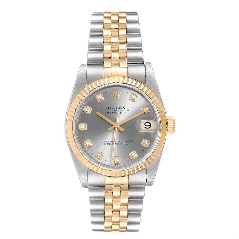 Rolex Datejust 68273 Ladies Watch Gray Diamond Dial Jubilee Bracelet Papers: Rolex Datejust 68273 Ladies Watch Gray Diamond Dial Jubilee Bracelet Papers Ladies Rolex Datejust watch, reference 68273, featuring a gray diamond dial, fluted bezel, and D-Link Jubilee bracelet. The 