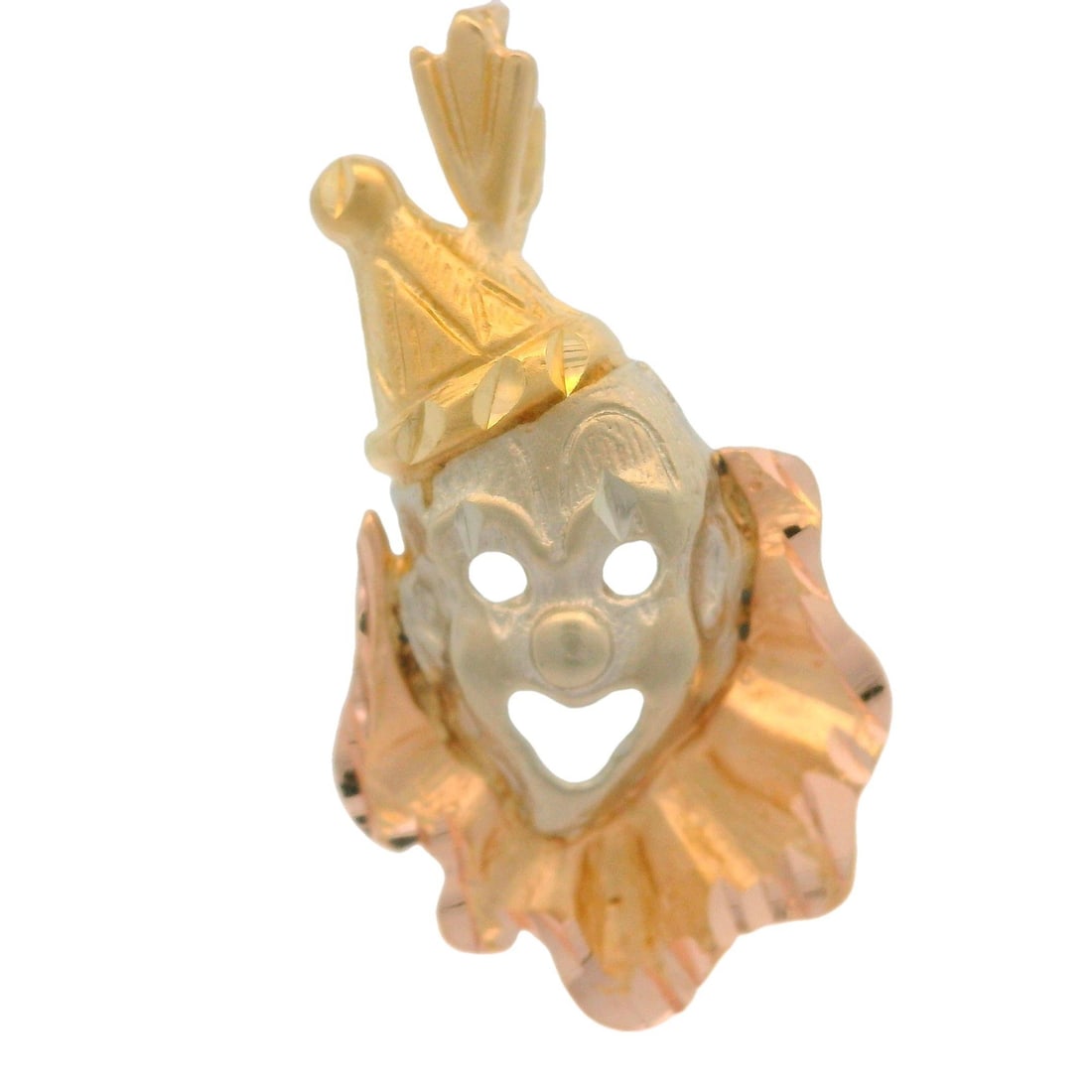 14k Tri-Color Gold Diamond Cut Clown Charm Pendant: 14k Tri-Color Gold Diamond Cut Clown Charm Pendant This exquisite clown charm pendant is crafted from solid 14k gold, featuring a stunning multi-tone design that includes yellow, white, and rose gold 
