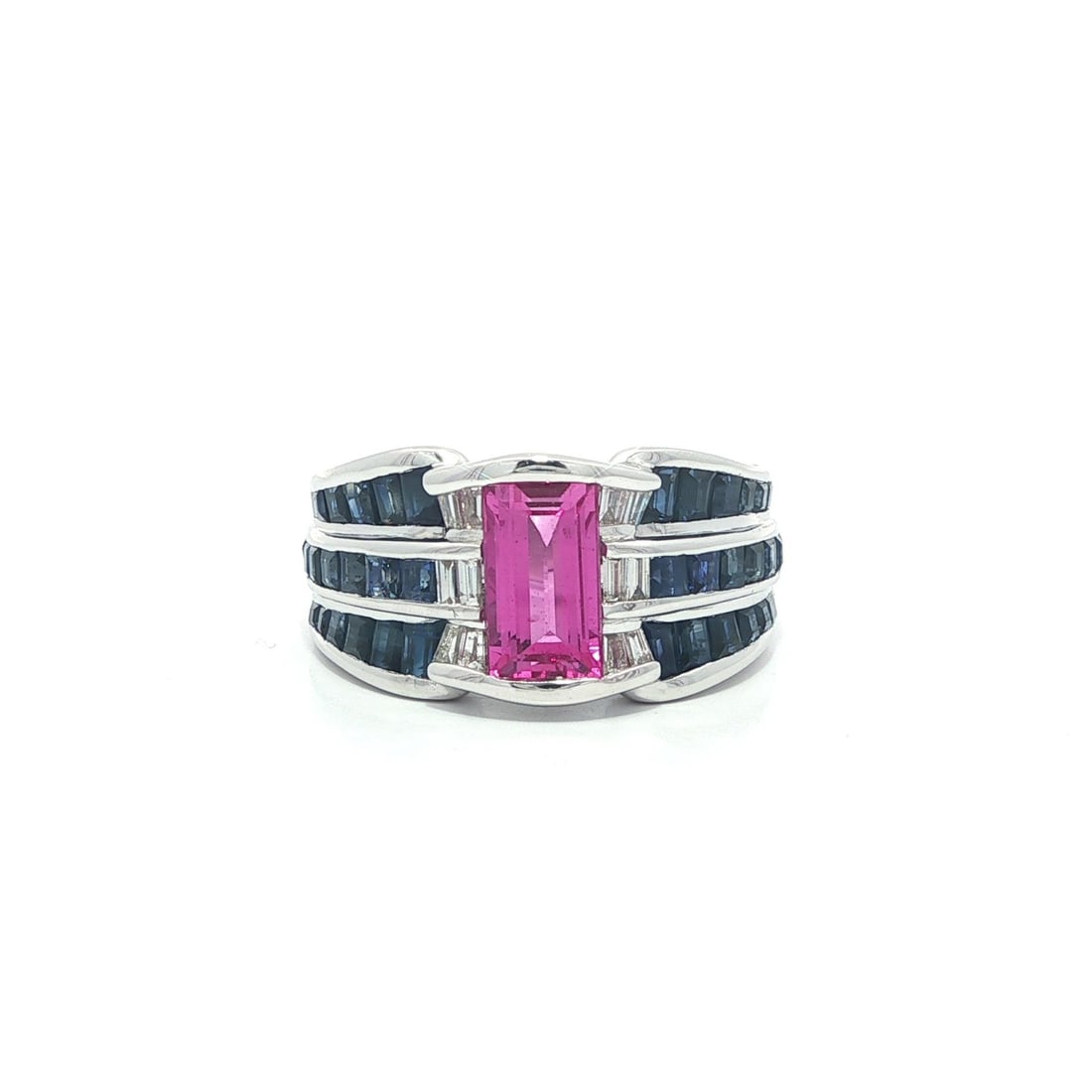 LeVian 18k White Gold Pink Blue Sapphire Diamond Band Ring: LeVian 18k White Gold Pink Blue Sapphire Diamond Band Ring This exquisite wide band ring from Le Vian is a stunning statement piece, featuring a rectangular step cut natural pink sapphire, channel set
