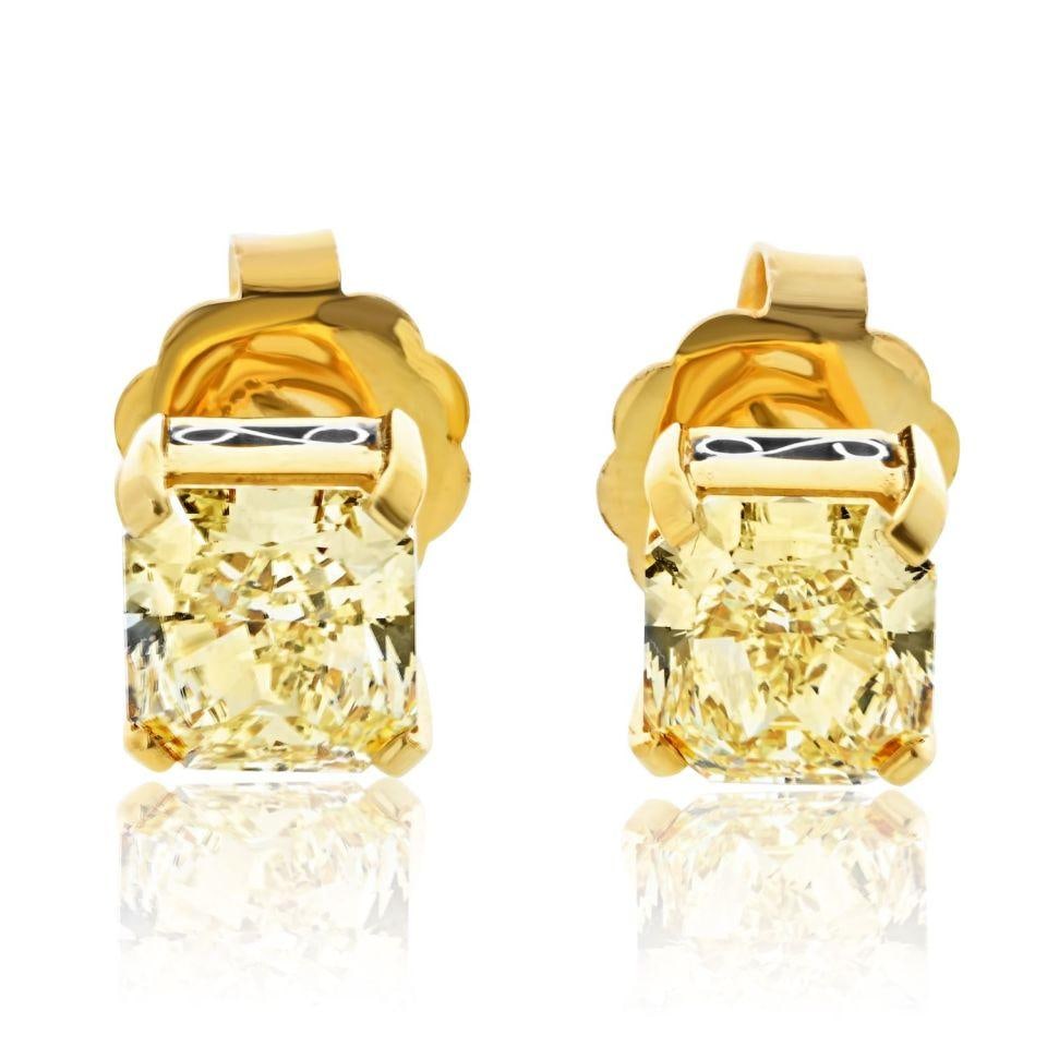 Radiant Cut Fancy Yellow Diamond Studs in 14K Gold 4.04 Carat GIA Certified (1 of 4)