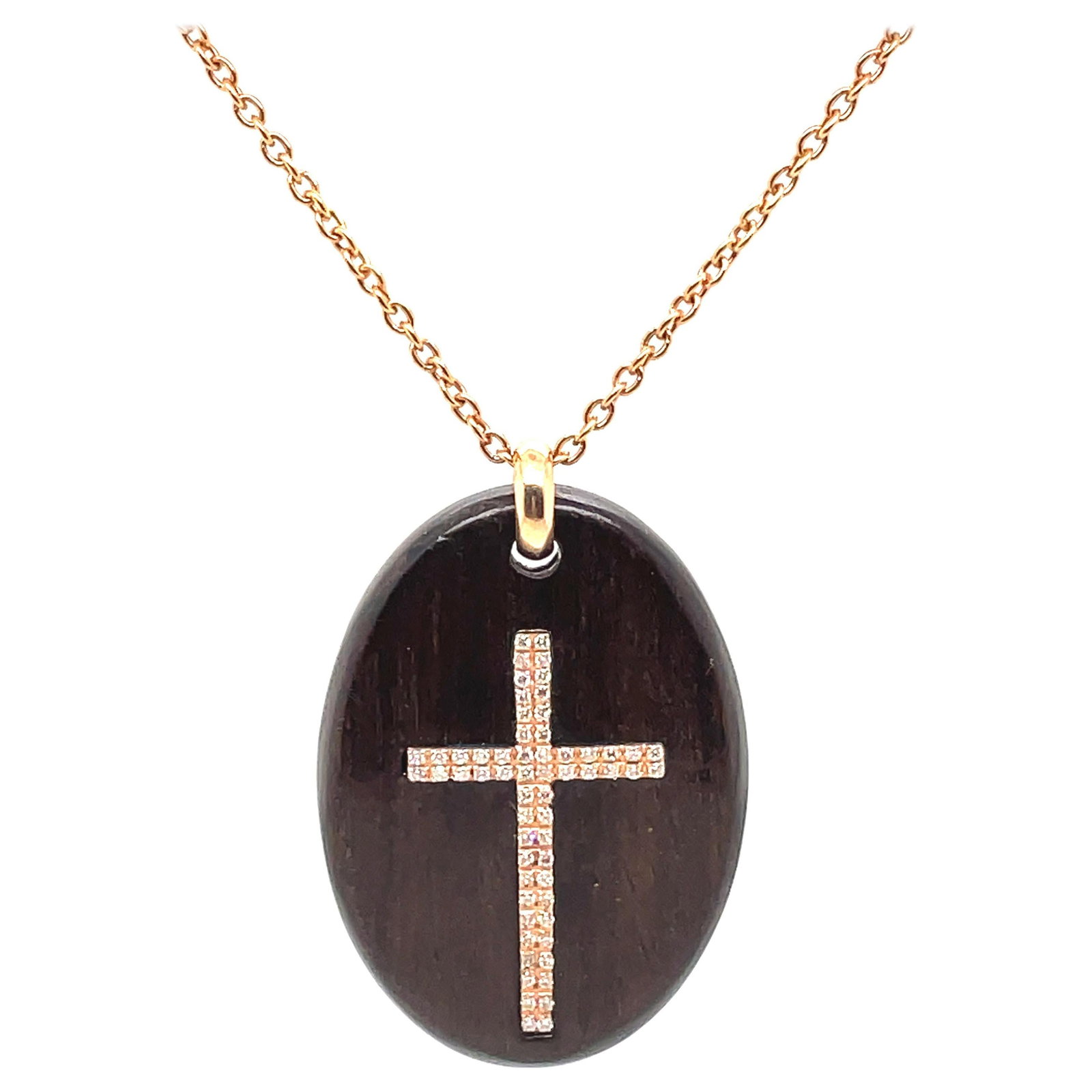 Unique 0.51ct Diamond Mahogany Cross Pendant Necklace 18k Rose Gold: Unique 0.51ct Diamond Mahogany Cross Pendant Necklace 18k Rose Gold This exquisite pendant necklace features a striking cross design crafted from 18k rose gold and mahogany wood. Adorned with 0.51 car