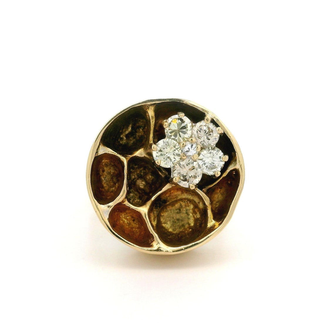 Vintage 14k Yellow Gold Diamond Flower Cocktail Ring 0.85ctw: Vintage 14k Yellow Gold Diamond Flower Cocktail Ring 0.85ctw This stunning vintage cocktail ring features a unique honeycomb flower design crafted in solid 14k yellow gold. Adorned with six natural ro