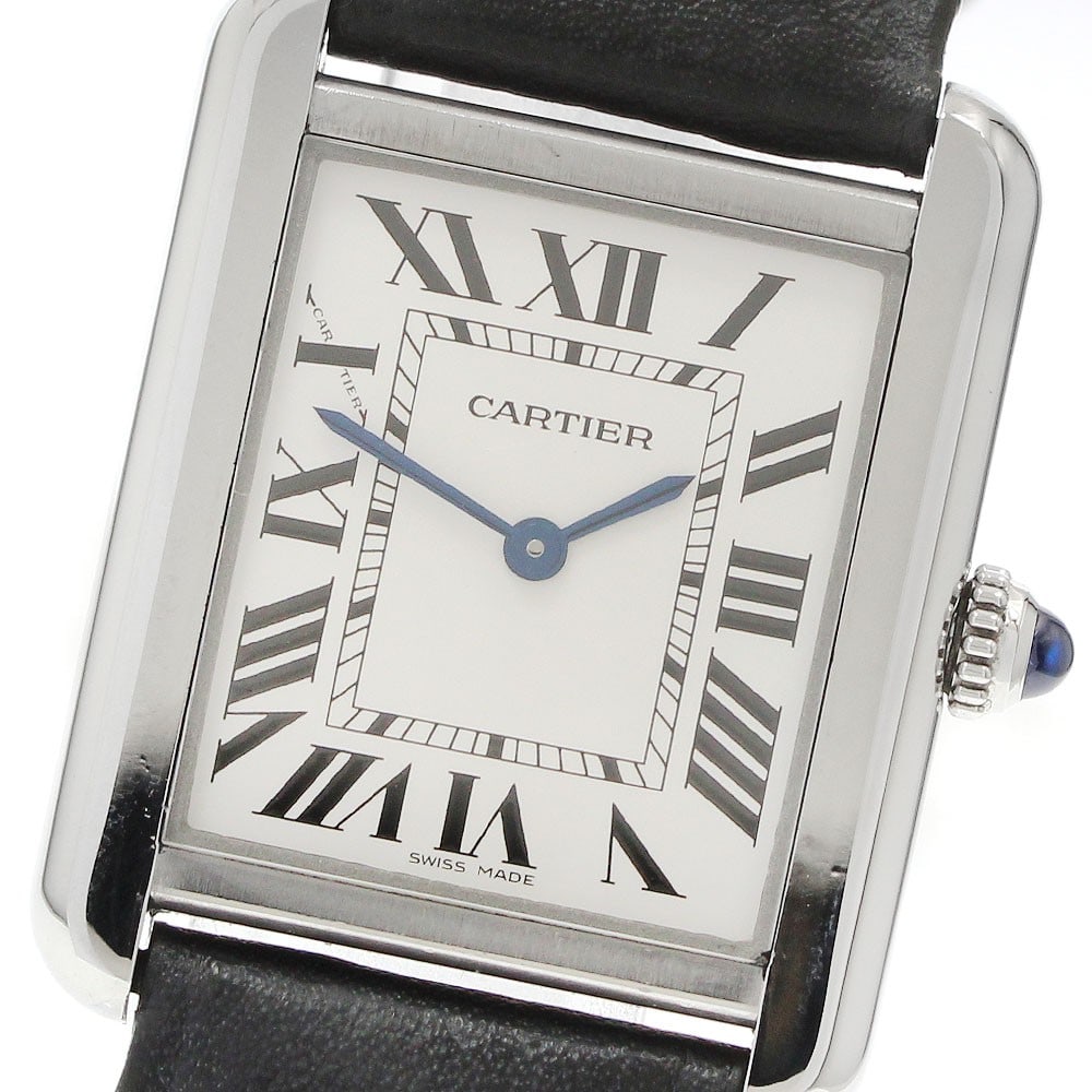 Cartier Tank Solo SM Silver Quartz Leather Strap Watch: Cartier Tank Solo SM Silver Quartz Leather Strap Watch This Cartier Tank Solo Small Model wristwatch features a stainless steel case, a silver quartz dial, and a leather strap. Designed for women, thi