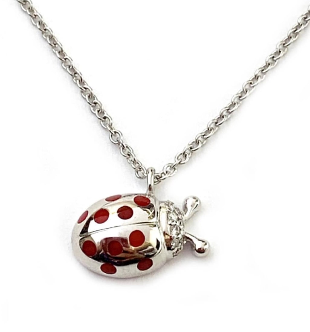 Tiffany & Co. Lady Bug Pendant Necklace 18k White Gold Red Enamel Diamond (1 of 8)