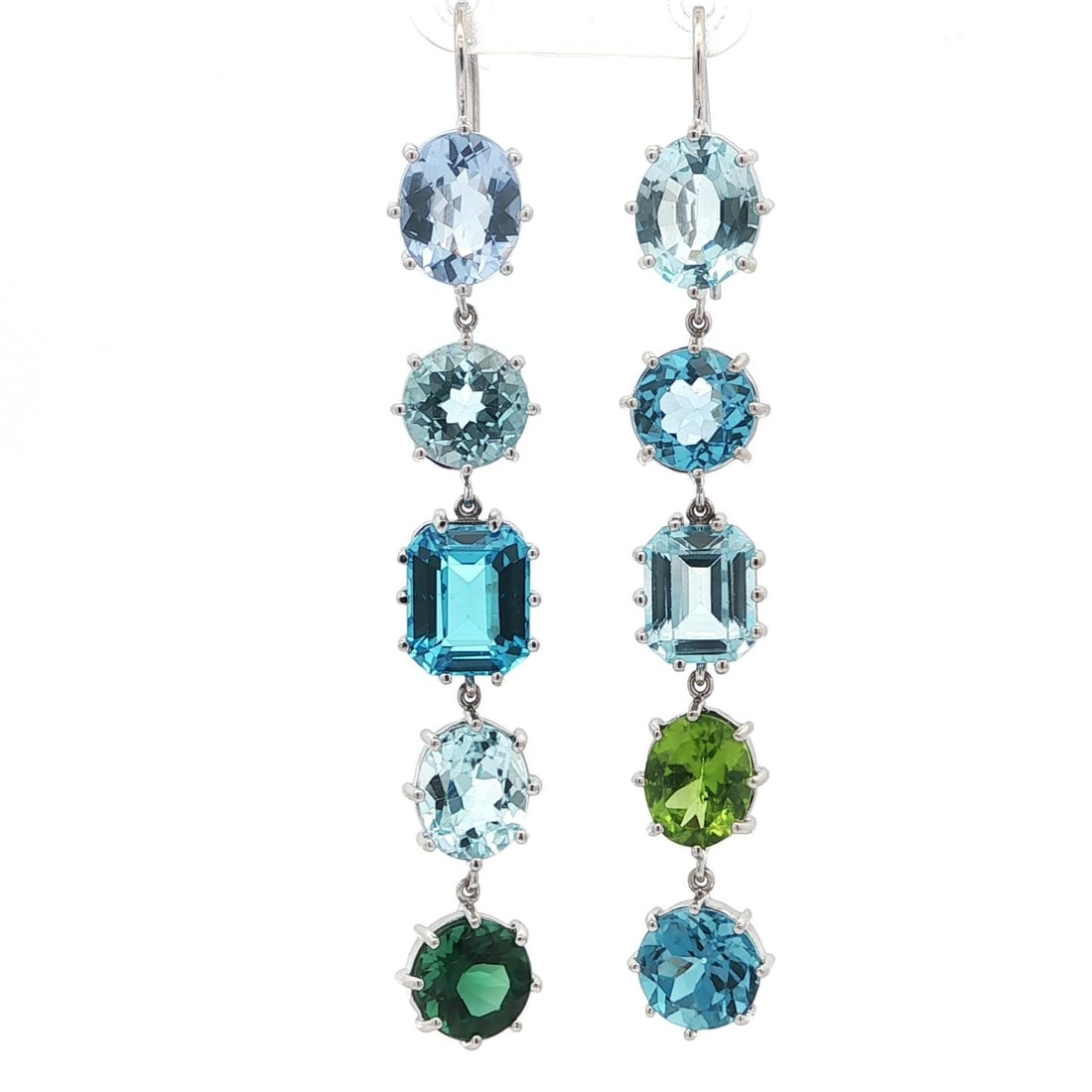 Elegant White Gold Long Drop Earrings with Blue Topaz Peridot Tourmaline: Elegant White Gold Long Drop Earrings with Blue Topaz Peridot Tourmaline These stunning long drop dangle earrings feature a breathtaking array of natural gemstones, including vibrant blue topaz, livel