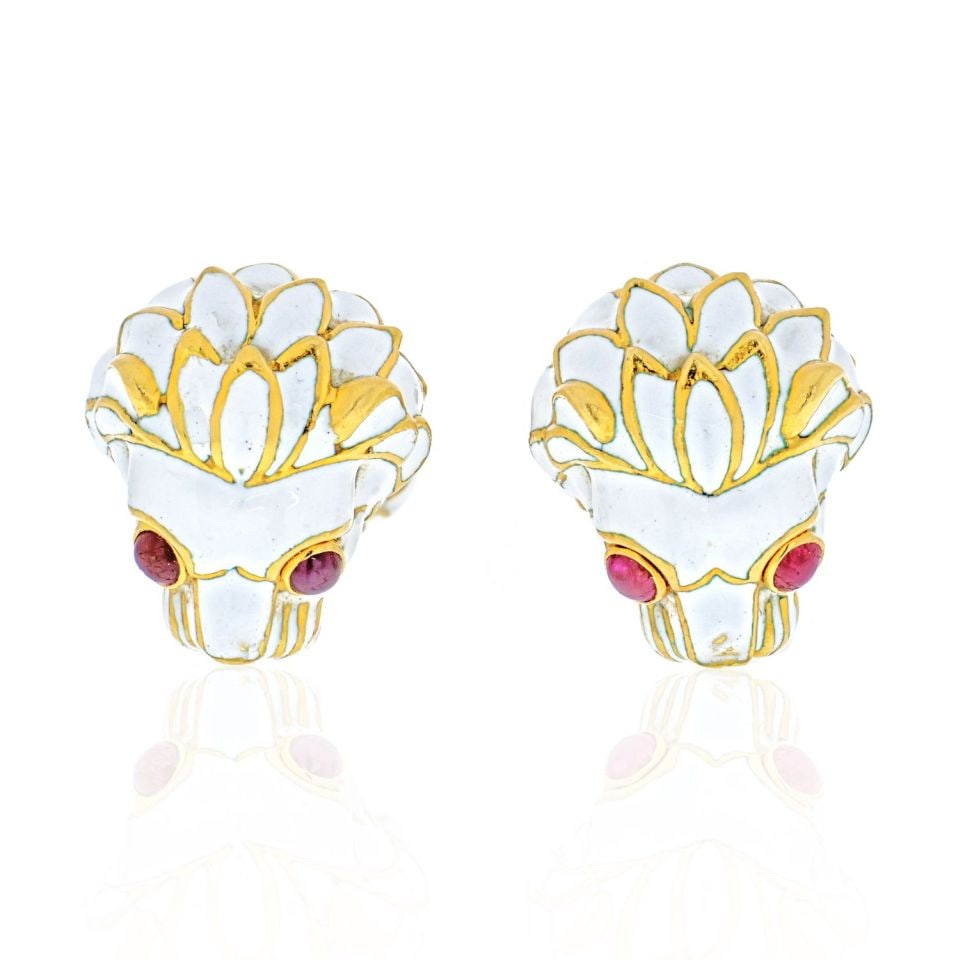 David Webb 18K Gold Lion Cuff Links with Ruby Eyes and Enamel: David Webb 18K Gold Lion Cuff Links with Ruby Eyes and Enamel Exquisite cuff links by David Webb, crafted from 18K yellow gold and featuring a striking design that resembles a lion's head. The eyes of