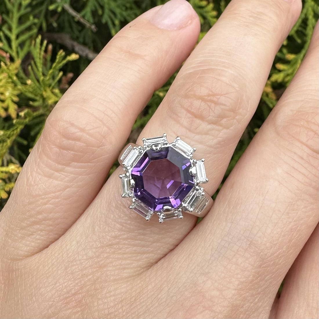 18k White Gold Amethyst Halo Cocktail Ring with Baguette Diamonds (1 of 18)