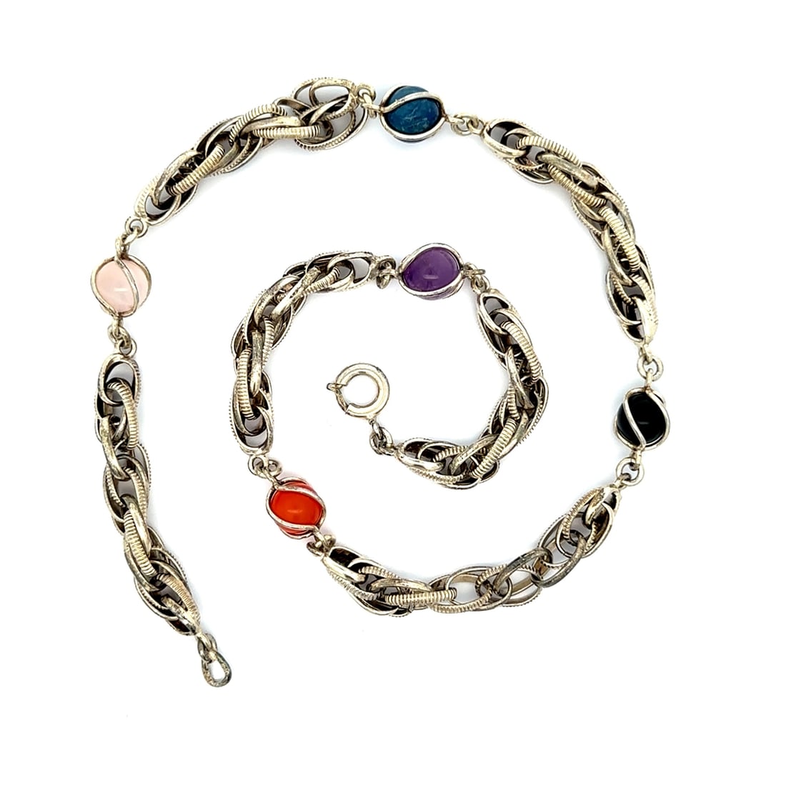 Sterling Silver Gemstone Bead Necklace with Onyx and Quartz: Sterling Silver Gemstone Bead Necklace with Onyx and Quartz This stunning necklace features interlocking polished links made from solid .925 sterling silver, adorned with genuine gemstones including b