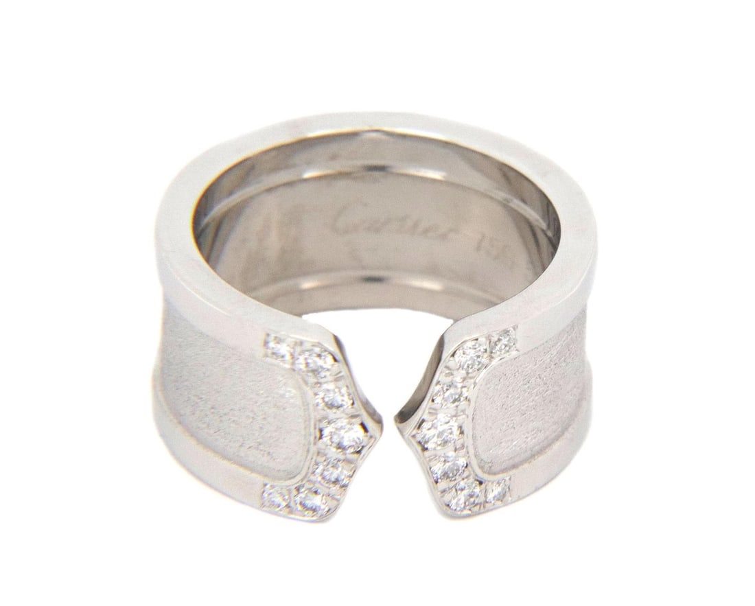 Cartier Double C Diamond 18k White Gold Band Ring Size 51-US 5.5: Cartier Double C Diamond 18k White Gold Band Ring Size 51-US 5.5 This authentic Cartier Double C band ring is expertly made from 18k white gold, showcasing a stunning brushed and high-polished finish.