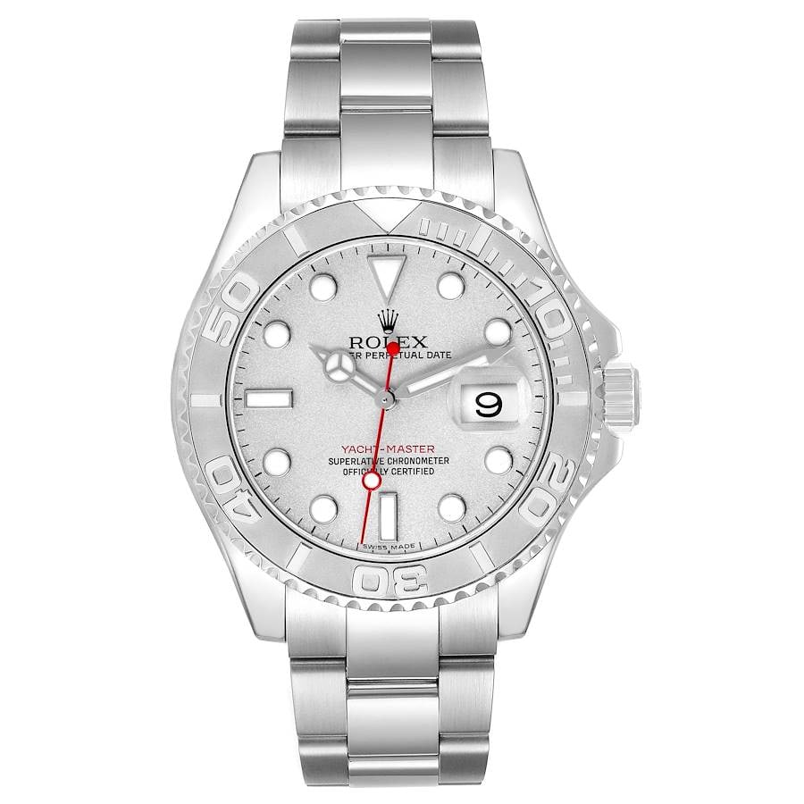 Rolex Yacht Master 16622 Platinum Dial Oyster Bracelet: Rolex Yacht Master 16622 Platinum Dial Oyster Bracelet This Rolex Yacht Master features a platinum dial and a rotating platinum bezel, paired with the iconic Oyster bracelet. The watch is designed for