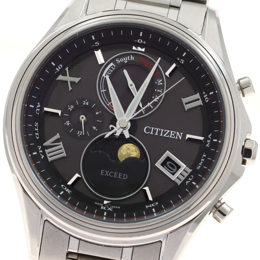 Citizen Exceed Titanium Solar Radio Controlled Day-Date Watch: Citizen Exceed Titanium Solar Radio Controlled Day-Date Watch This CITIZEN Exceed Day-Date Moonphase men's wristwatch features a titanium case and bracelet with a gray dial. The watch is powered by a 