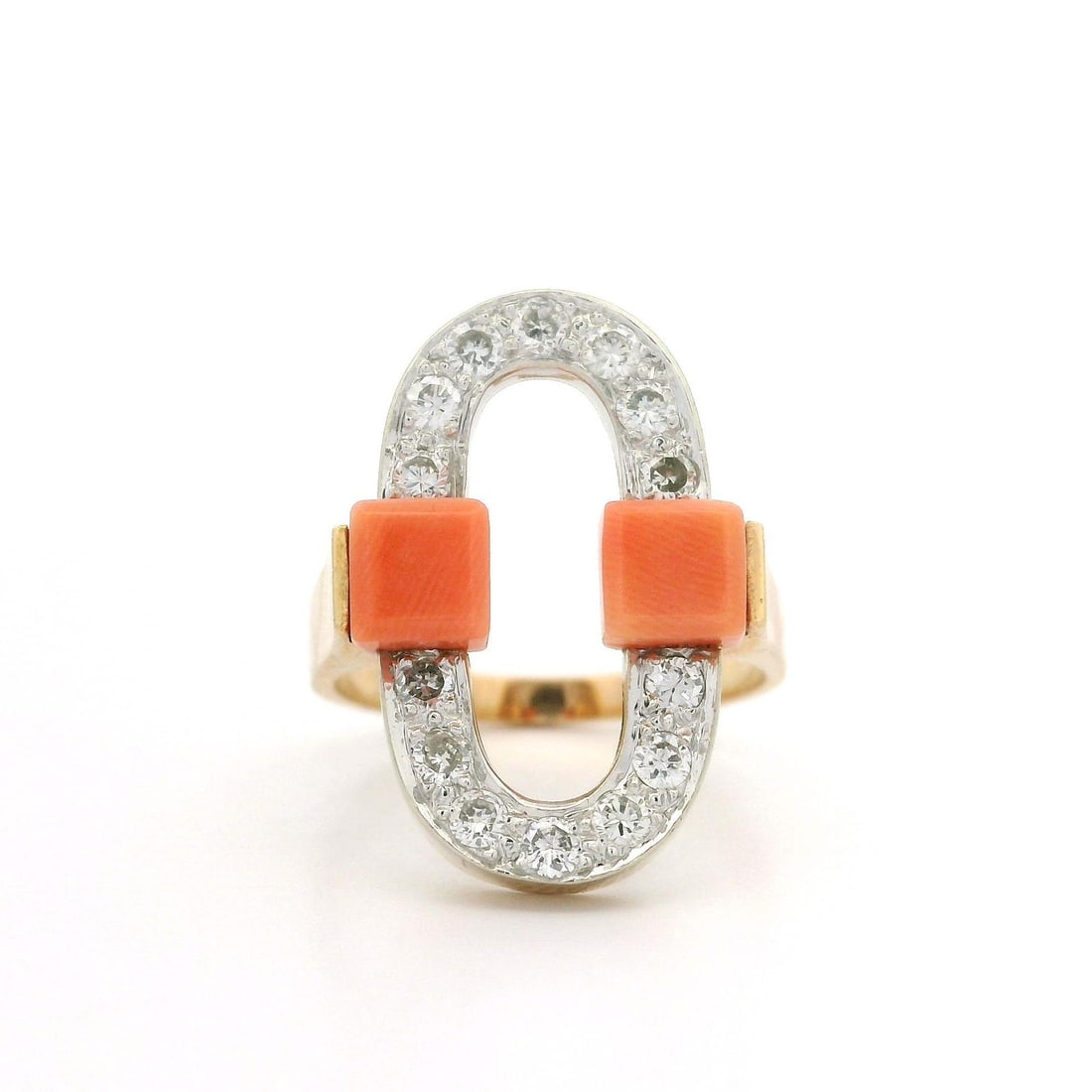 Unique 14K Yellow Gold Coral Diamond Cocktail Ring 0.45ctw: Unique 14K Yellow Gold Coral Diamond Cocktail Ring 0.45ctw This stunning cocktail ring features a unique open oval geometric design, showcasing two natural square-cut coral stones in a beautiful pink 